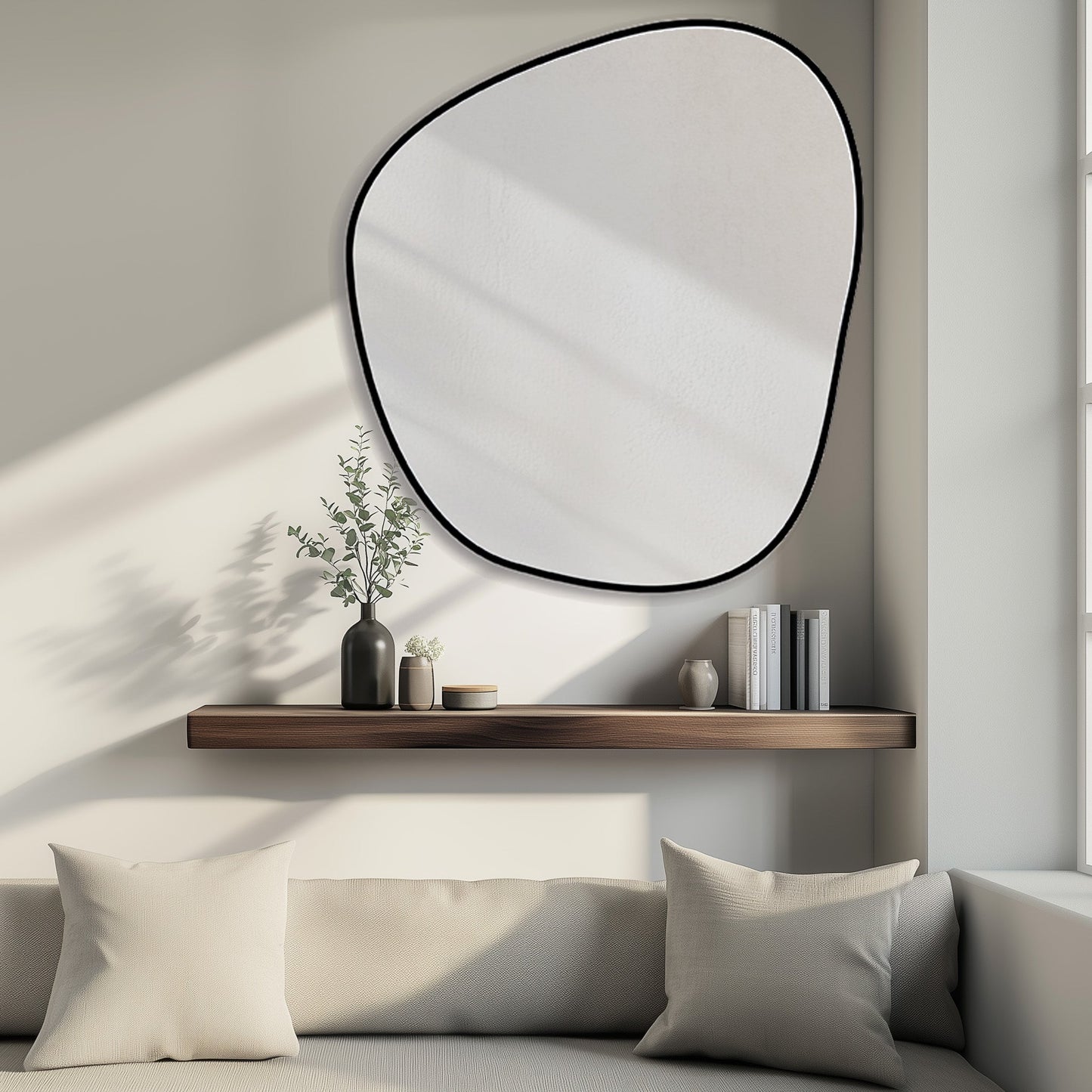 Organic 100x88 Duo mirror with black frame mounted above a shelf in a modern living room, enhancing natural light and space.
