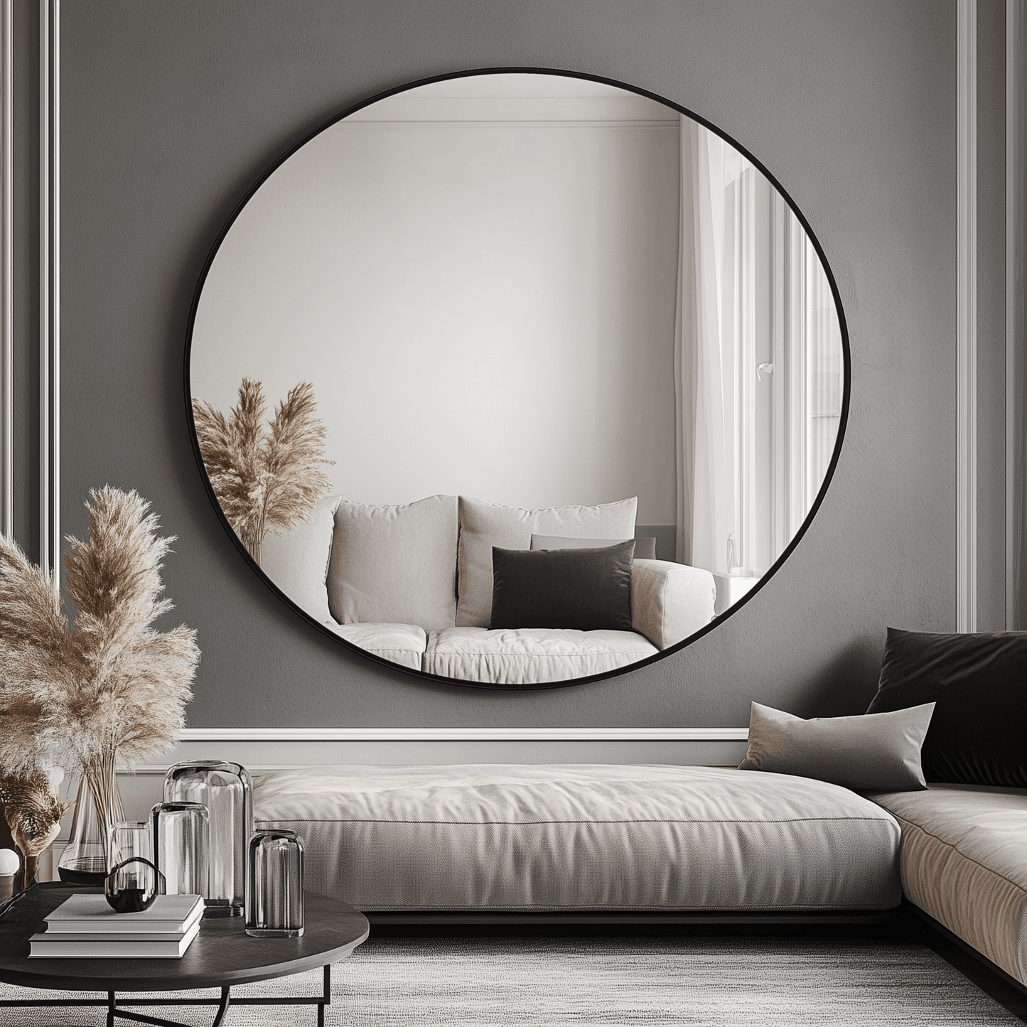 140cm Round Aluminium Mirror - Large Wall Mirror reflecting a modern neutral-toned living room with pampas grass decor and minimalist furniture.
