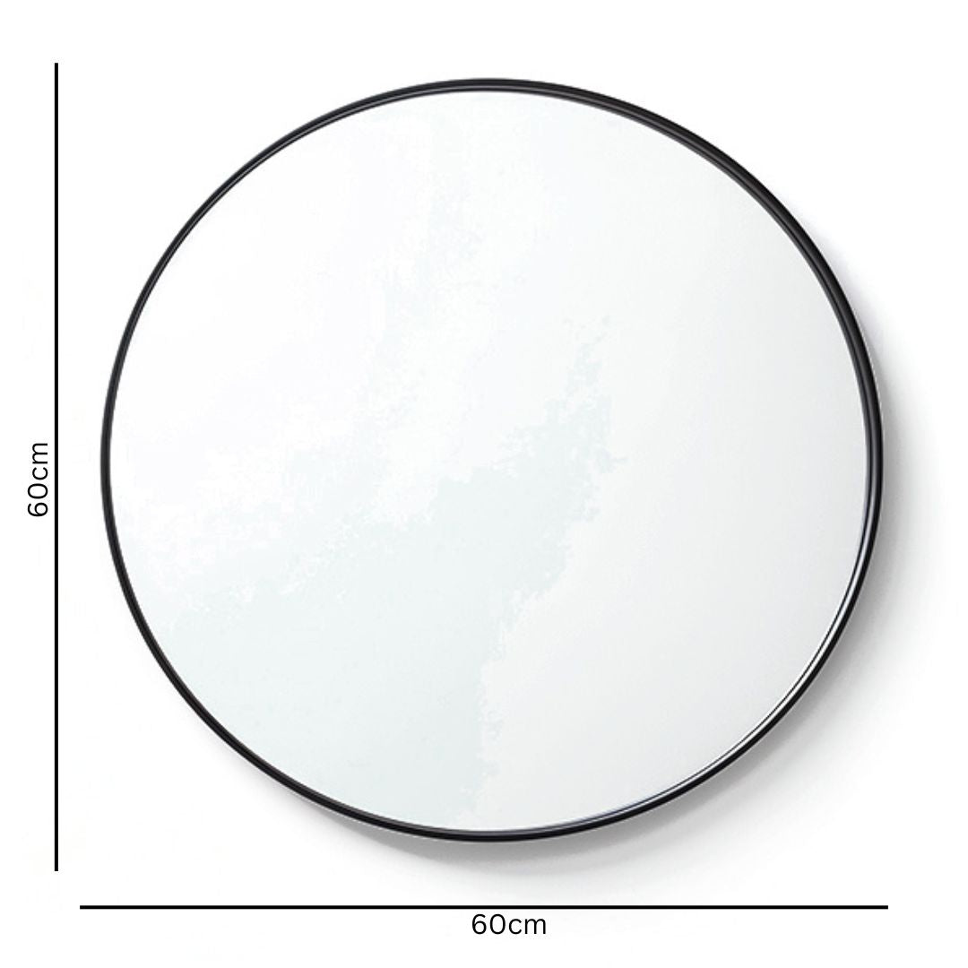 60cm Round Mirror with sleek aluminium frame, ideal for modern home decor. Lightweight and durable, perfect for bathrooms or living spaces.