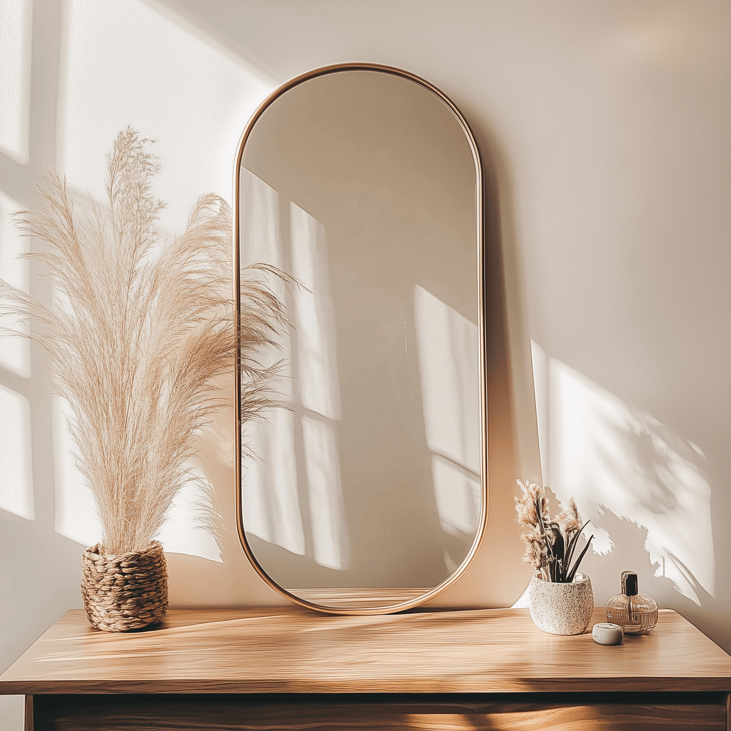 Pill-shaped aluminium mirror 100x55cm with sleek modern frame, mounted above wooden dresser in sunlit minimalist room decor.