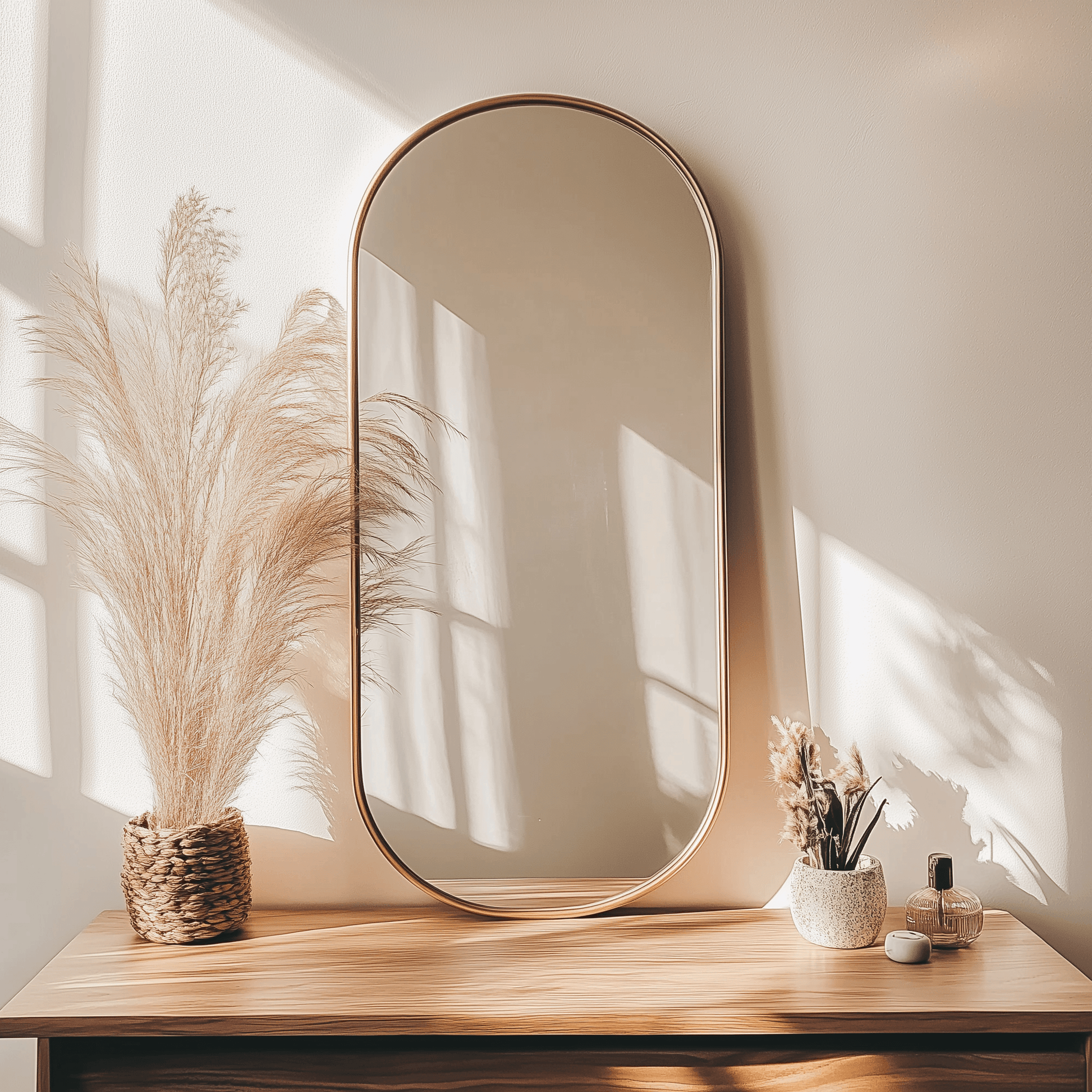 Pill-shaped aluminium mirror 100x55cm with sleek modern frame, mounted above wooden dresser in sunlit minimalist room decor.