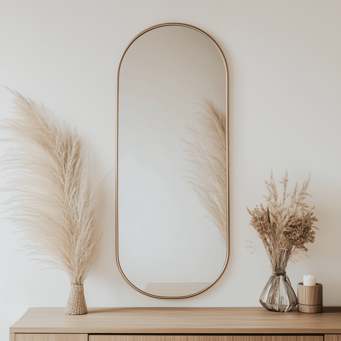 Pill 80 x 45 Duo mirror with gold frame styled with dried florals, offering a warm, elegant accent to interior spaces.