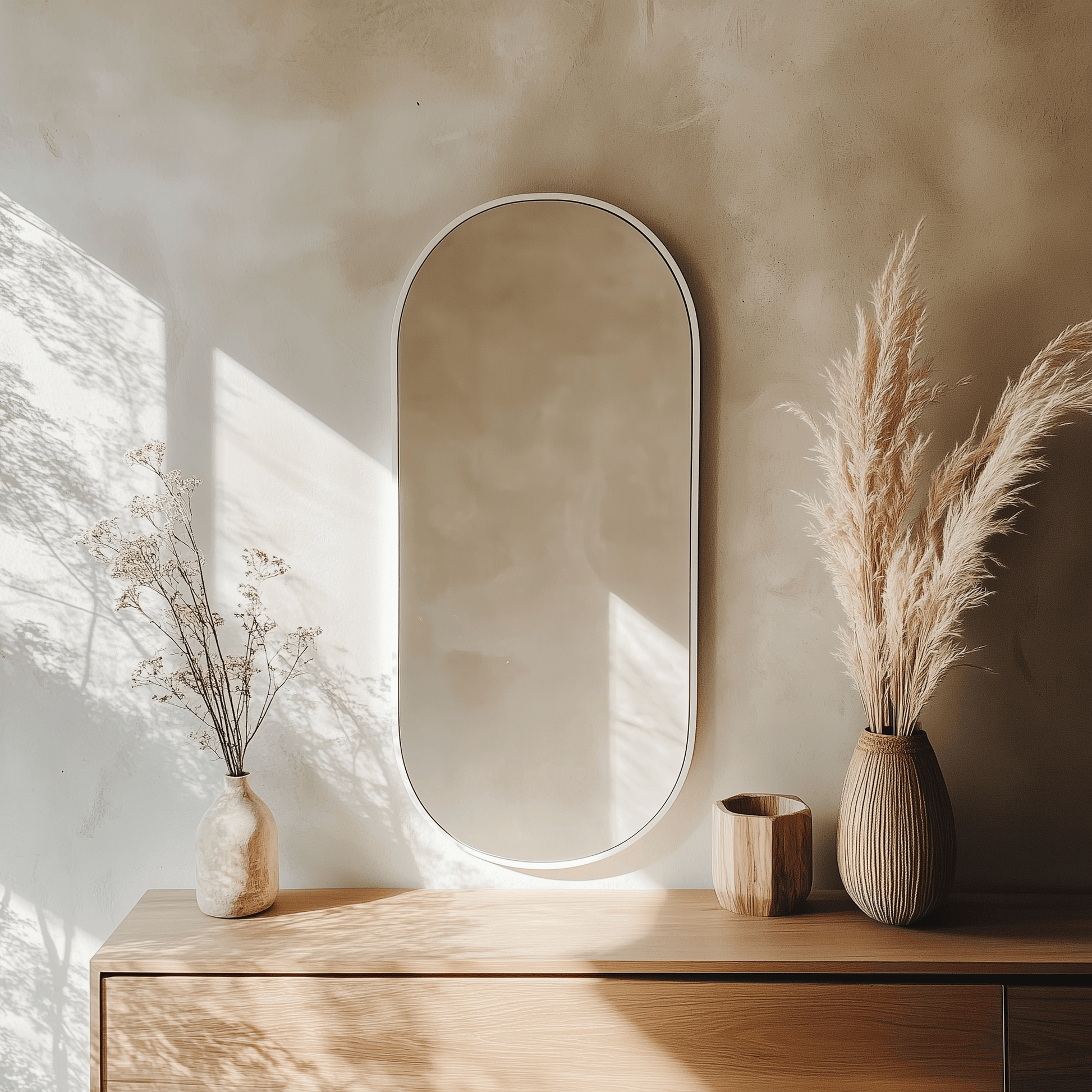 Pill 80 x 45 Duo mirror with white frame displayed in a rustic setting, enhancing light and adding a soft modern touch.