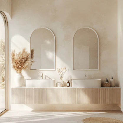 Pair of white-framed Arch 70 x 55cm Duo mirrors in a serene bathroom setting, enhancing natural light and spatial depth.