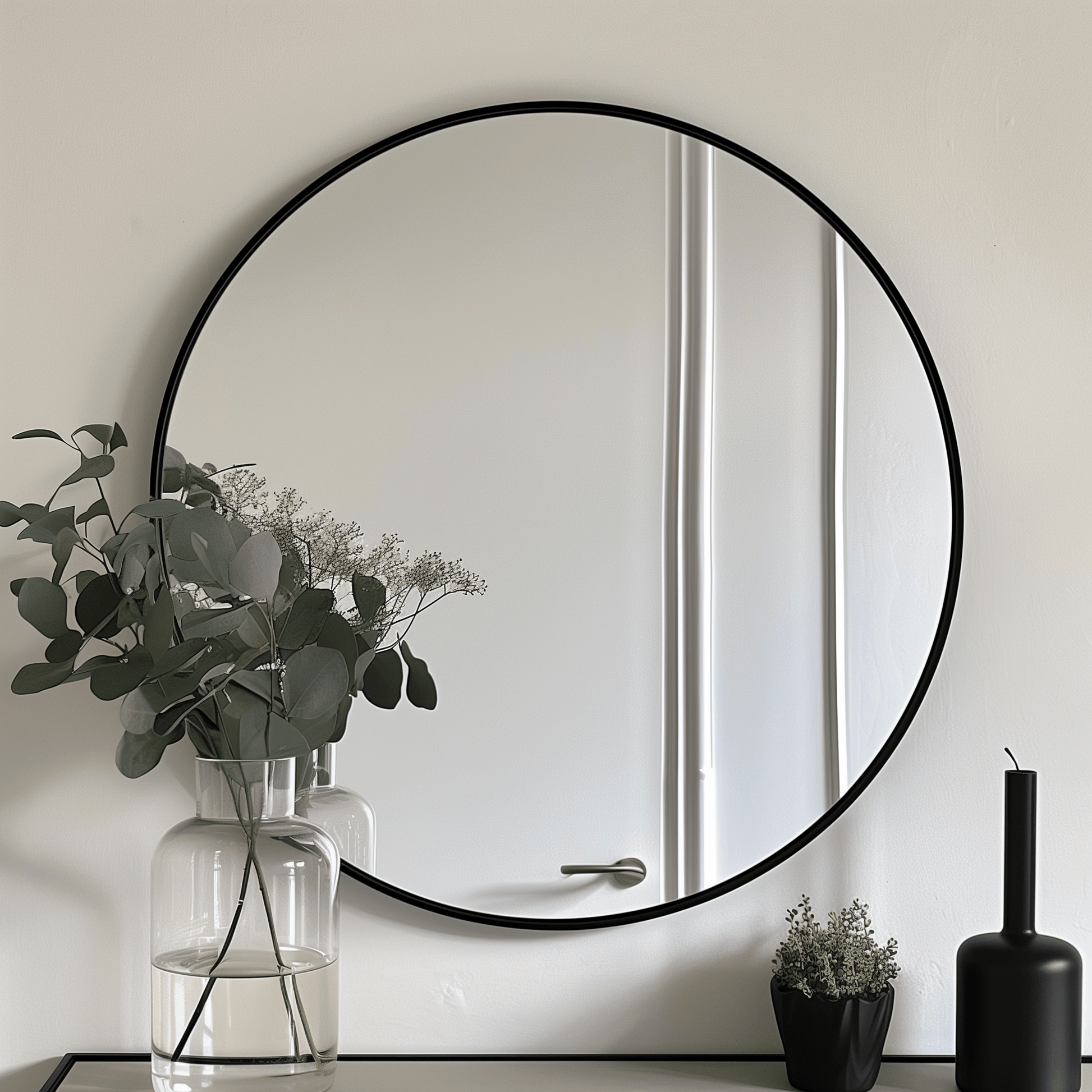 60cm round mirror with aluminium frame mounted on a white wall, styled with minimalist decor including a glass vase and black candle holder.