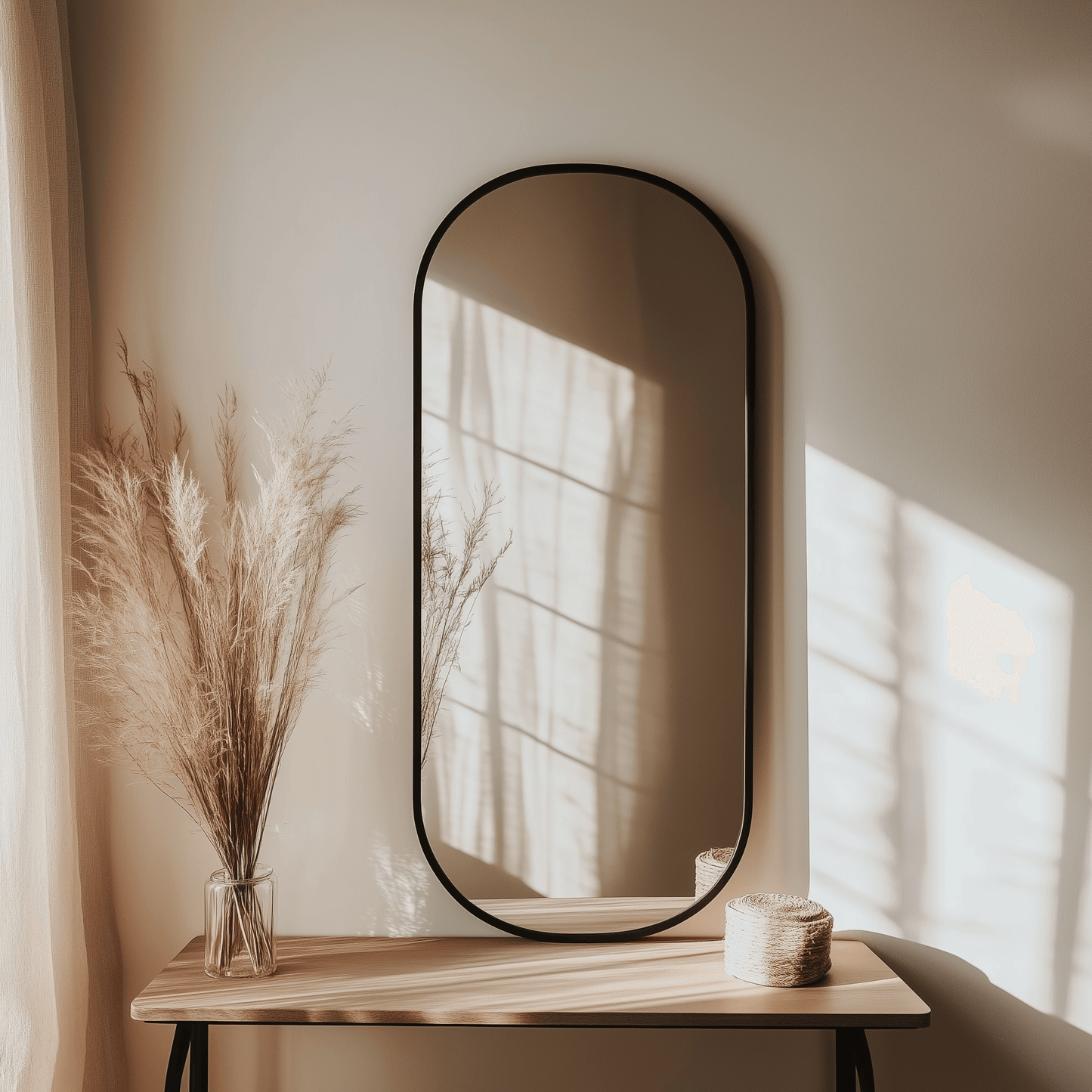 Pill 80 x 45 Duo mirror with black frame styled above a console table, reflecting sunlight and complementing neutral decor.