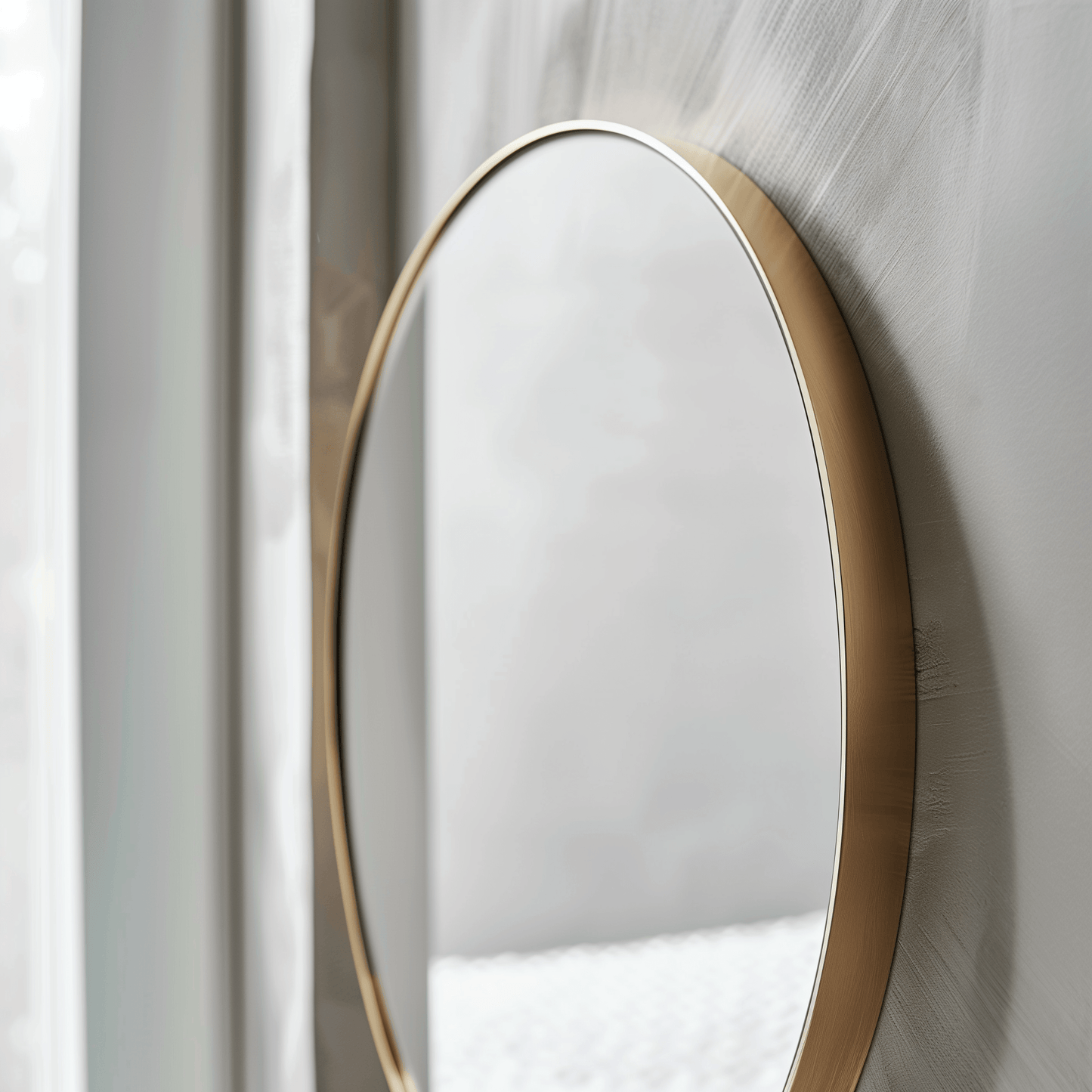 Side view of 120cm Round Duo Mirror with gold aluminium frame, reflecting soft light in a modern interior.