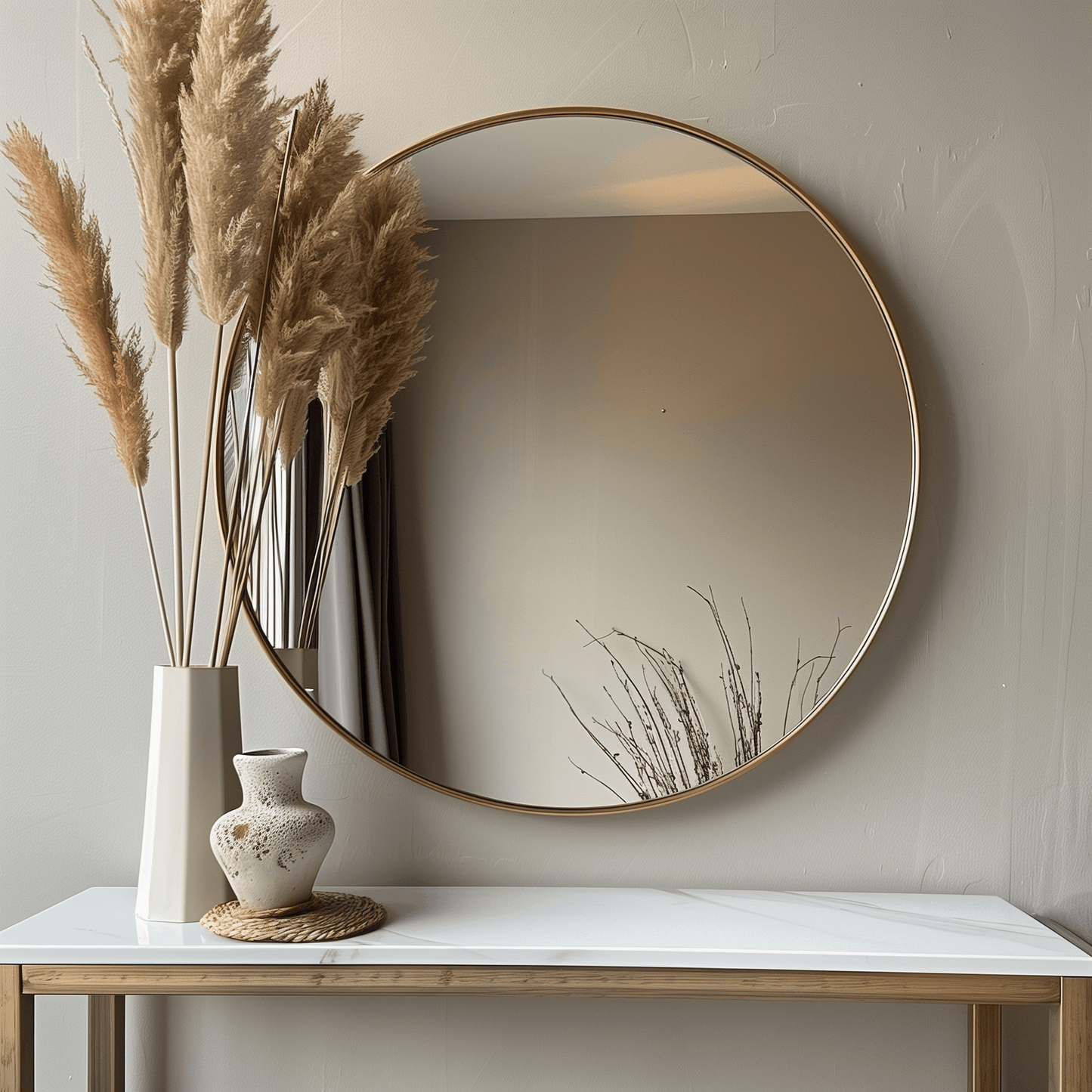 60cm round mirror with aluminium frame mounted on a neutral wall above a white console table. Lightweight and durable, ideal for modern decor.