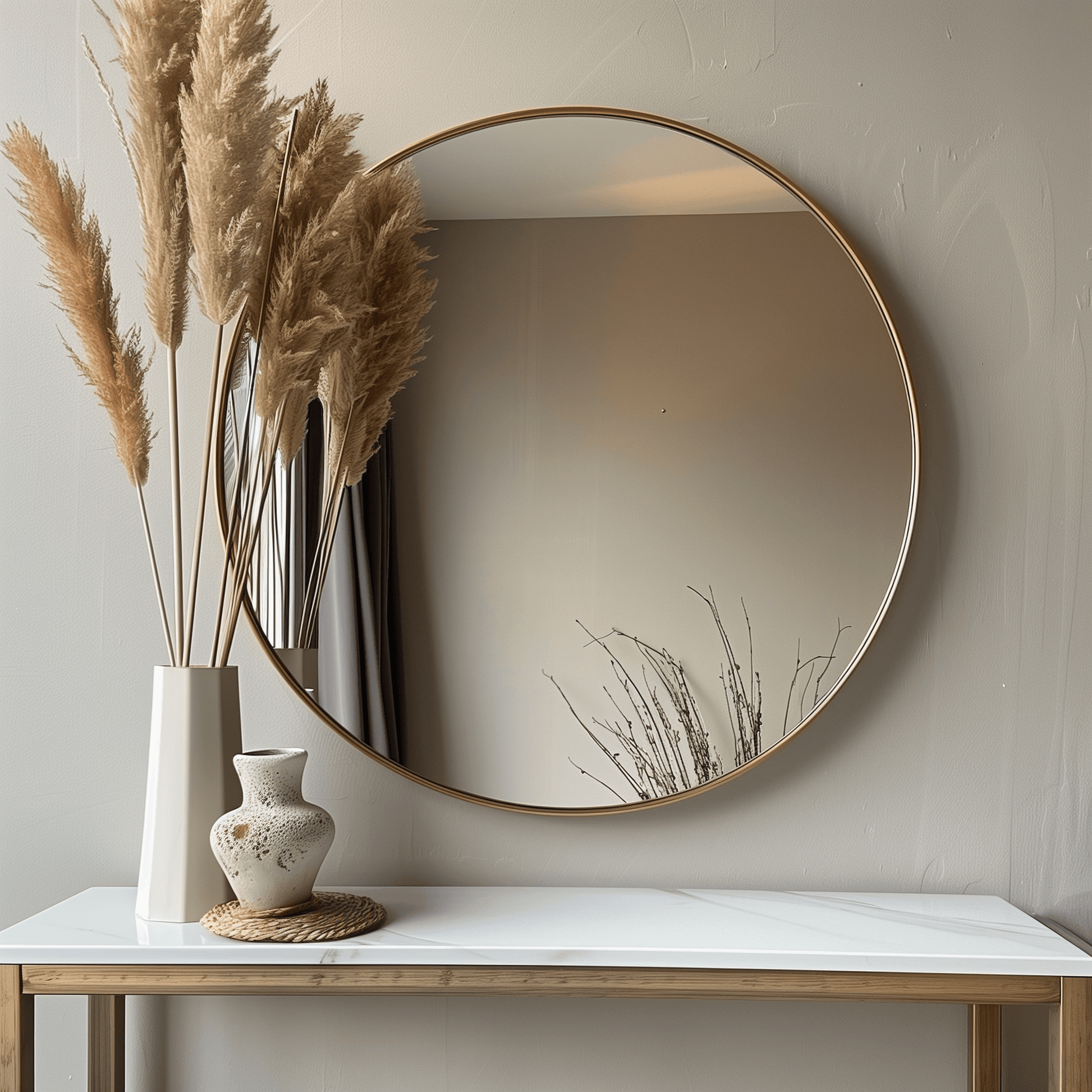 60cm round mirror with aluminium frame mounted on a neutral wall above a white console table. Lightweight and durable, ideal for modern decor.