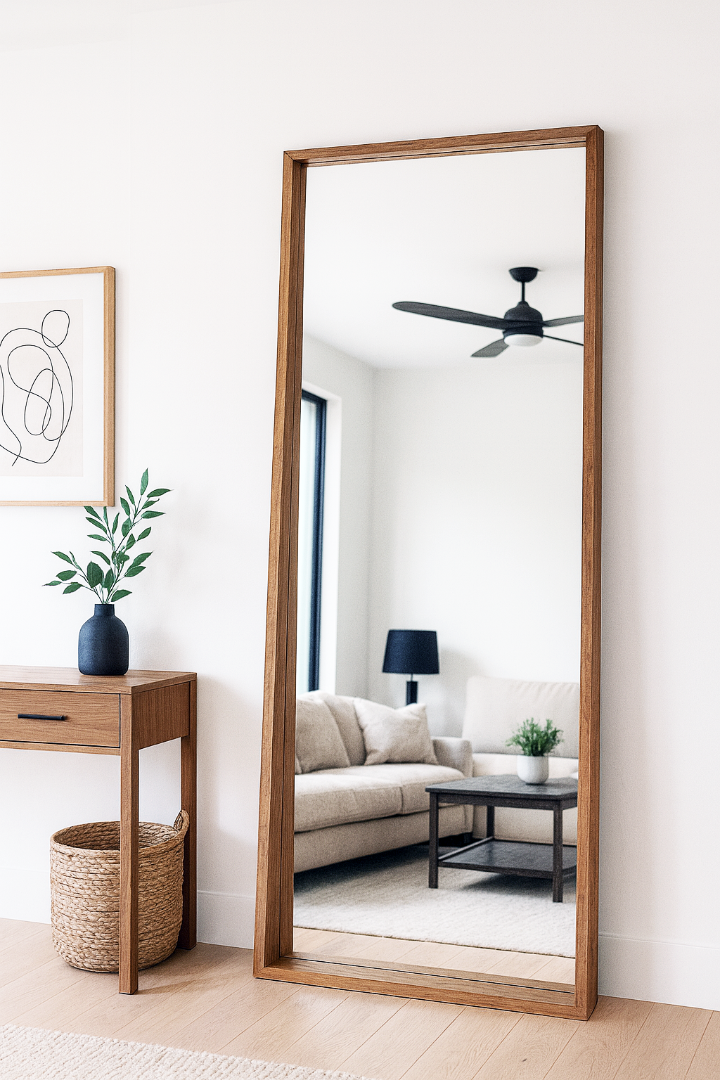 Wooden floor mirror in a living room setting with a couch, side table, and decor items.