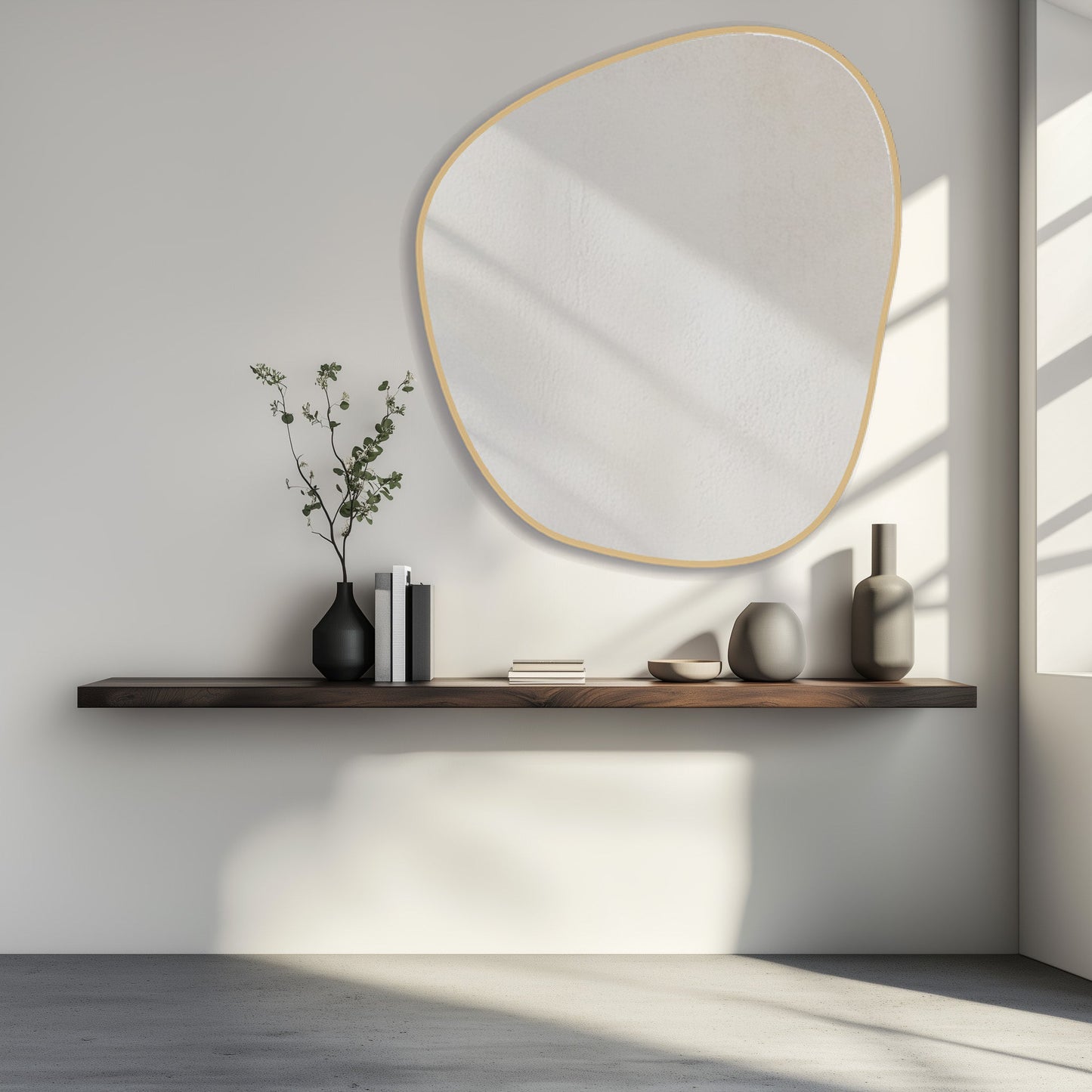 Gold Organic 100x88 Duo mirror displayed in a minimalist room, adding warmth and eco-conscious style to the decor.