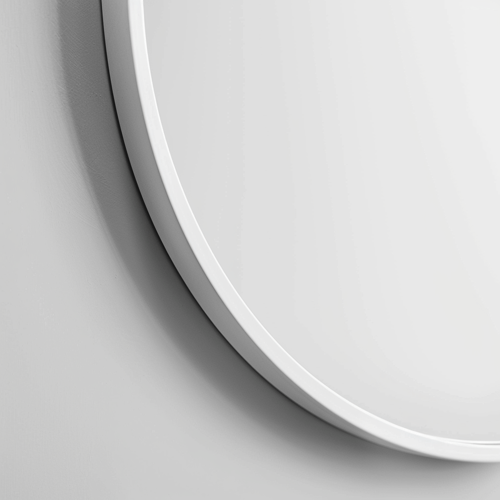 Close-up of white aluminium frame on the 120cm Round Duo Mirror, showcasing its smooth, modern finish.