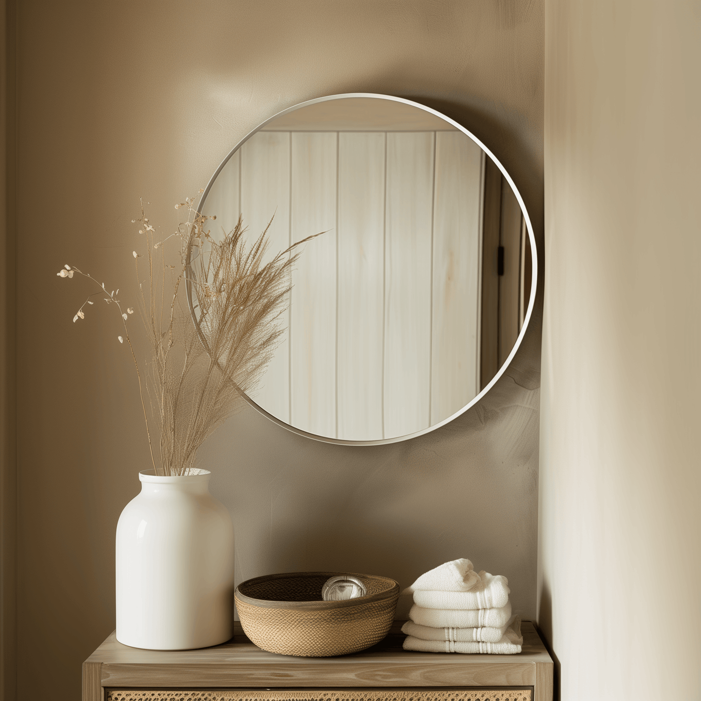60cm round mirror with aluminium frame mounted on a beige wall above a wooden console. Lightweight and durable, ideal for modern home decor.