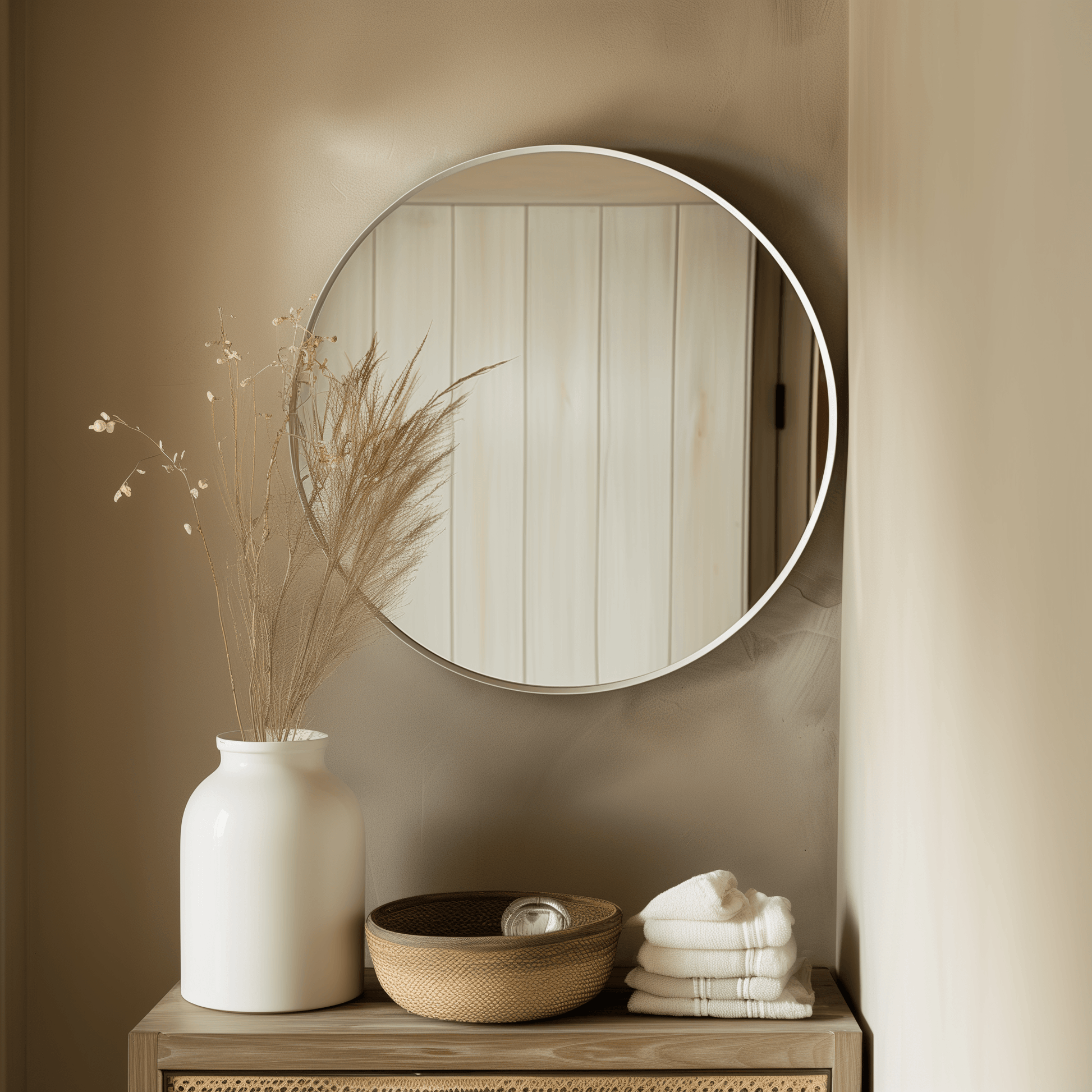 60cm round mirror with aluminium frame mounted on a beige wall above a wooden console. Lightweight and durable, ideal for modern home decor.