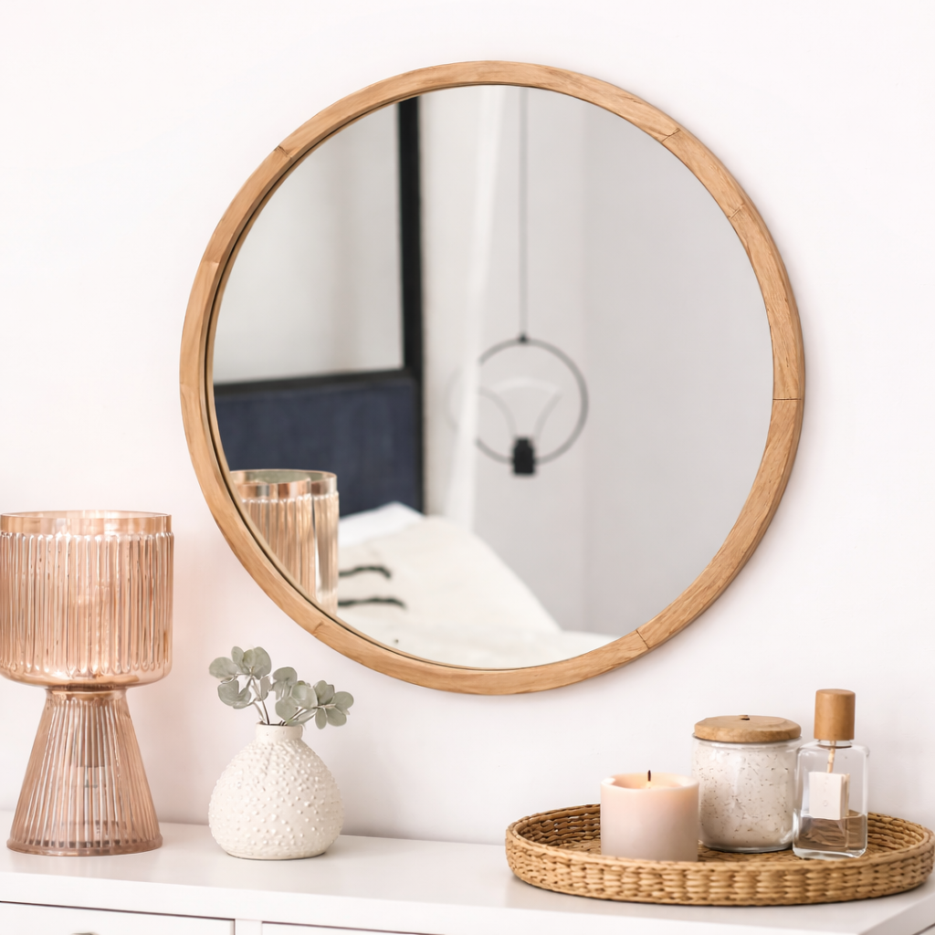 60cm Round Wooden Mirror - Oak