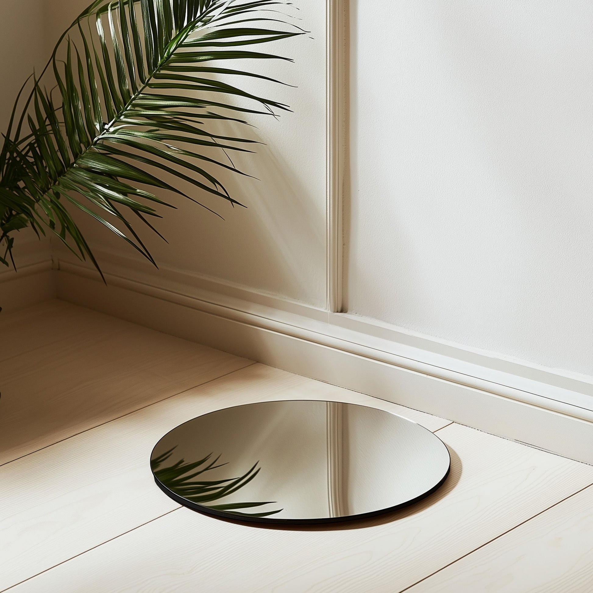 Frameless Floating Mirror placed on a light wood floor near a plant, showcasing its versatile use in modern home and garden interiors.