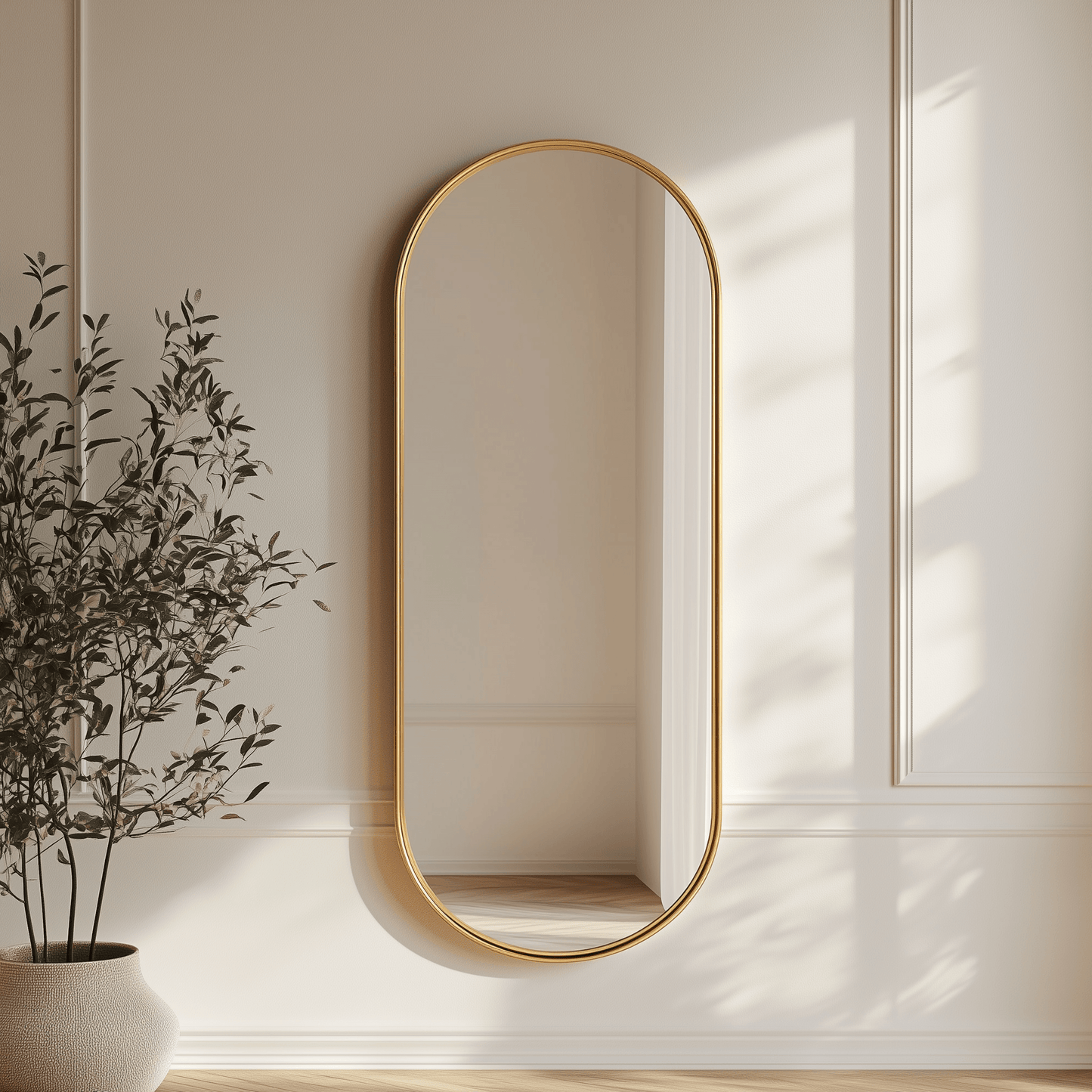 Pill 100 x 55 Duo - Aluminium Mirrors Set features a sleek pill-shaped gold-framed mirror, perfect for modern interiors. Locally crafted in South Africa.