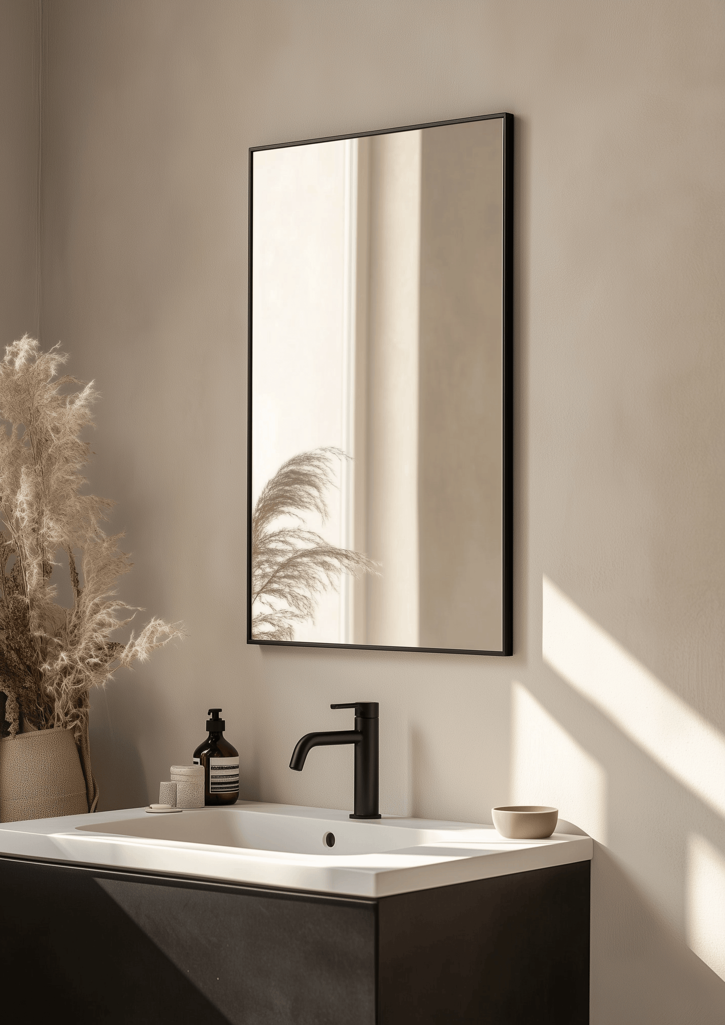 Rectangular Aluminium Mirror - Wall Mirror | 60x90 cm, Thin Frame mounted above a bathroom sink, enhancing a contemporary vanity setup.