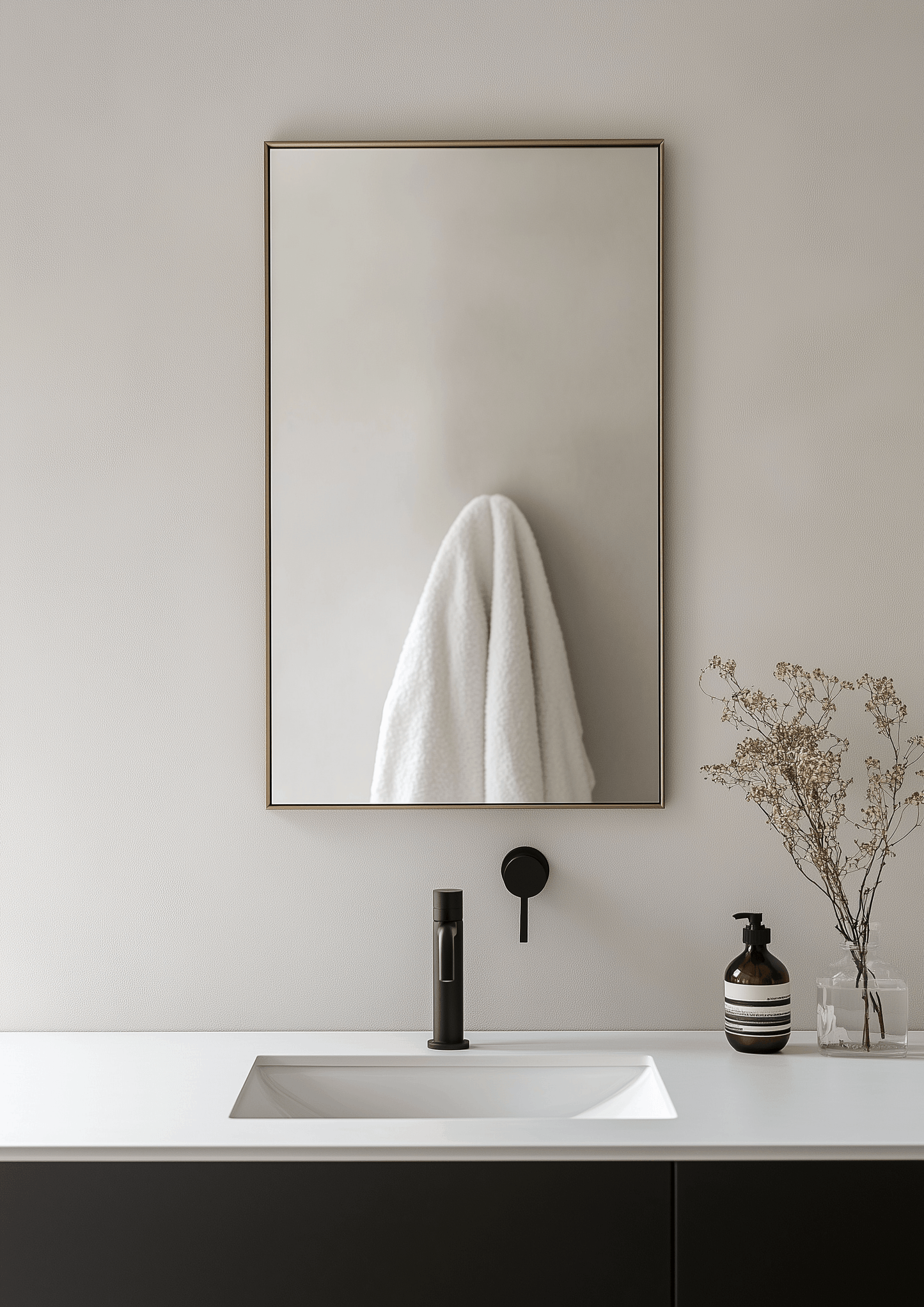Rectangular Aluminium Mirror - Wall Mirror | 60x90 cm, Thin Frame above a sink with towel reflection, blending elegance with functionality.