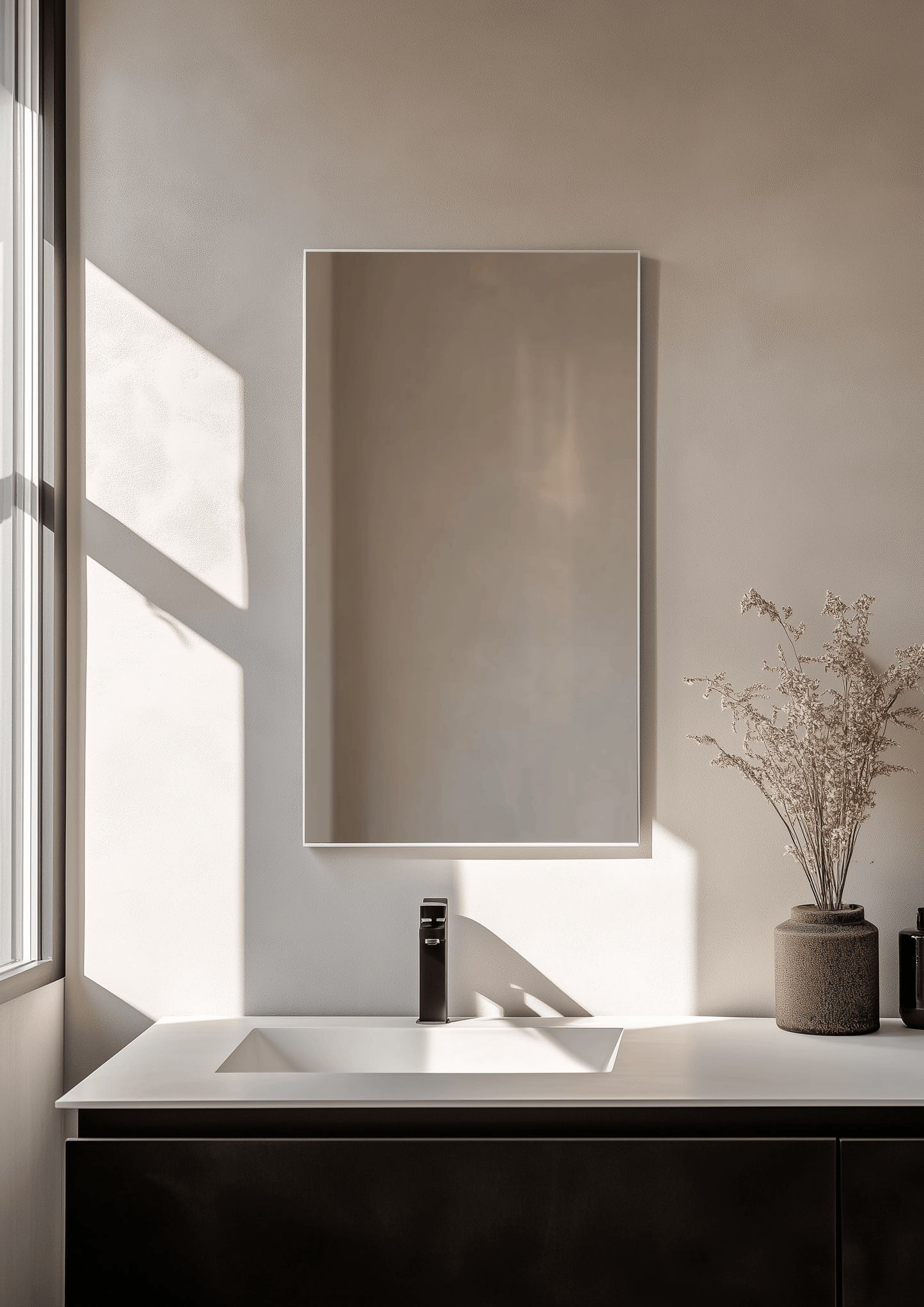 Rectangular Aluminium Mirror - Wall Mirror | 60x90 cm, Thin Frame in white, mounted in a sunlit bathroom for a bright and airy feel.