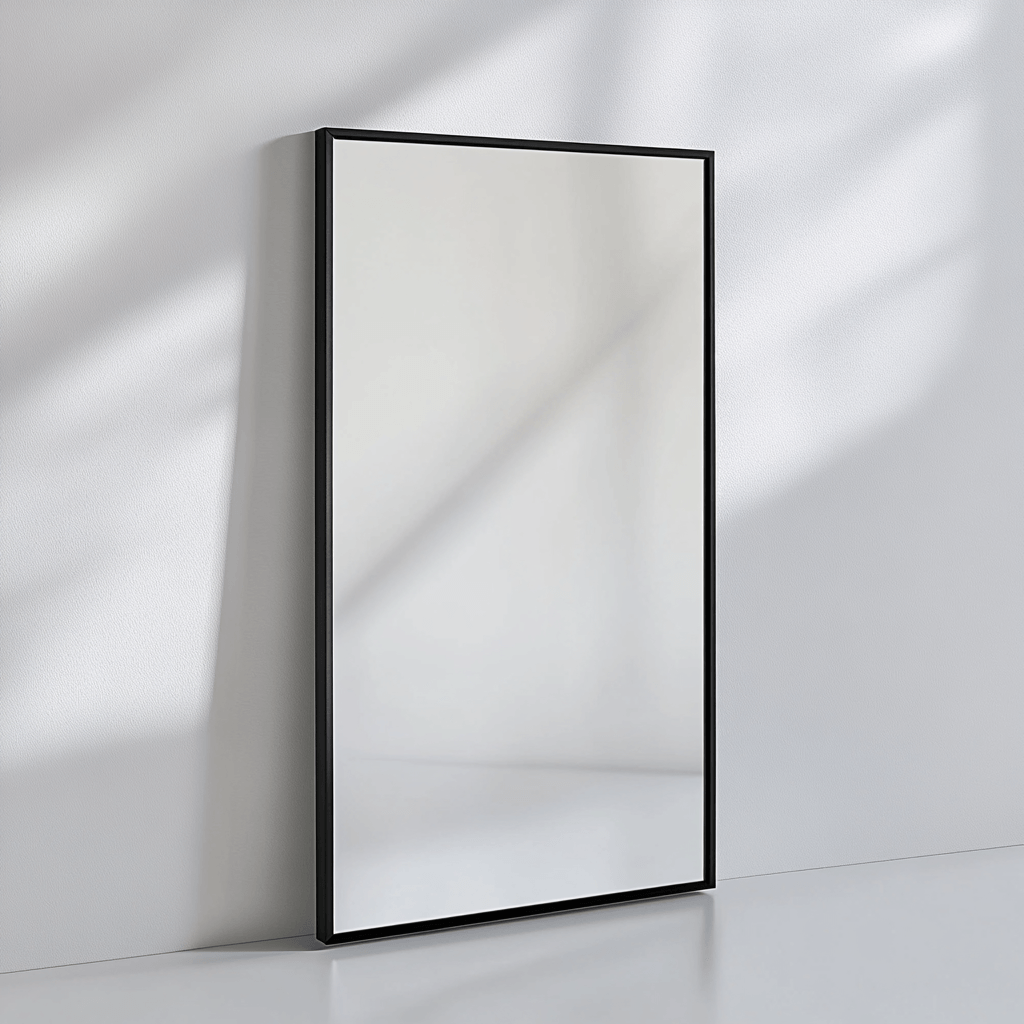 Rectangular Aluminium Mirror - Wall Mirror | 60x90 cm, Thin Frame in black, angled against a wall with soft lighting for a sleek aesthetic.