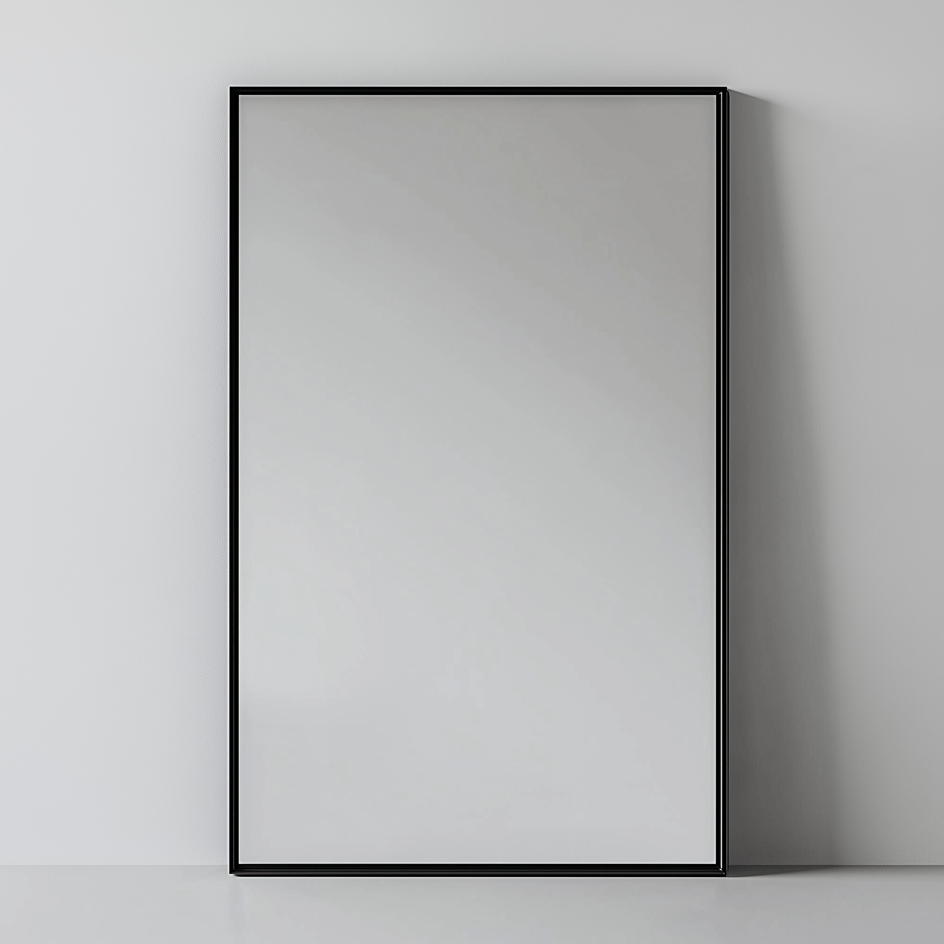 Rectangular Aluminium Mirror - Wall Mirror | 60x90 cm, Thin Frame in matte black finish, leaning against a neutral wall for versatile styling.