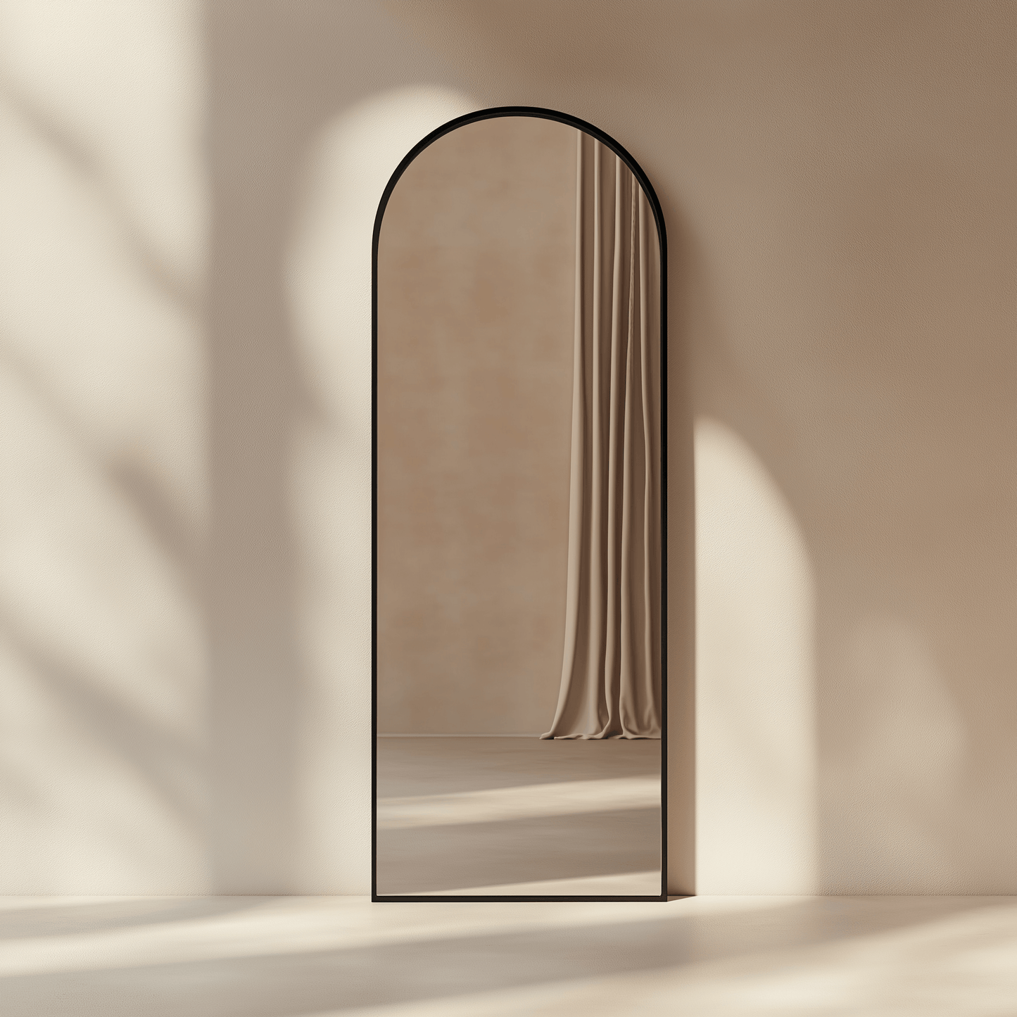 Leaning Arch Mirror 160x55cm styled in a minimalist room with soft lighting, enhancing modern home decor with its sleek black frame.