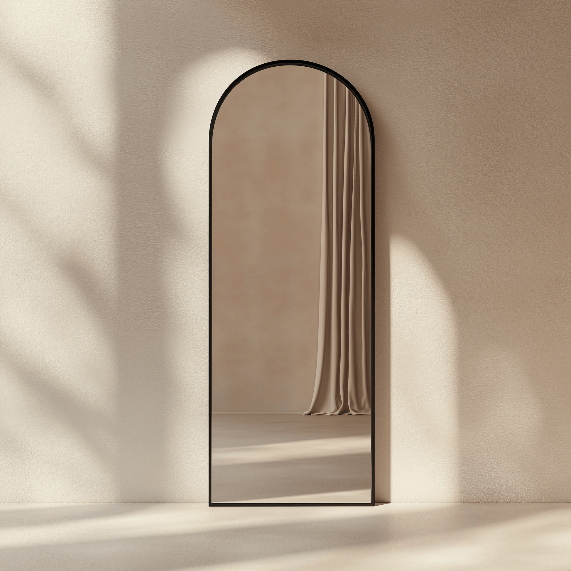 Leaning Arch Mirror 160x55cm styled in a minimalist room with soft lighting, enhancing modern home decor with its sleek black frame.