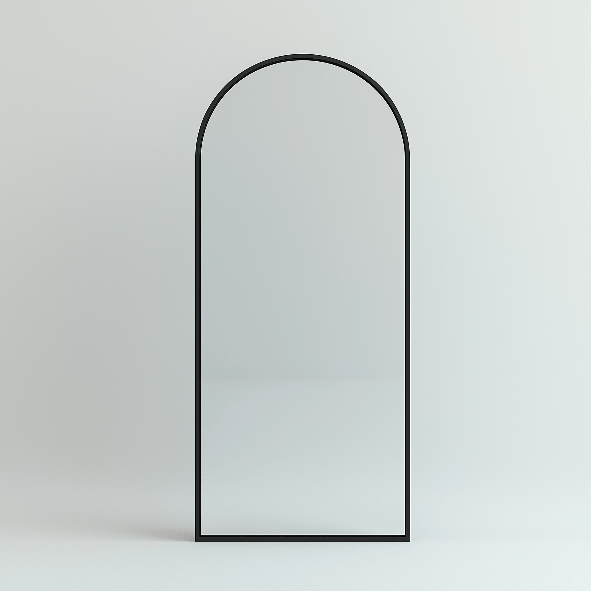 Minimalist Leaning Arch Mirror 160x55cm with clean black aluminum frame, ideal for modern home and garden decor environments.