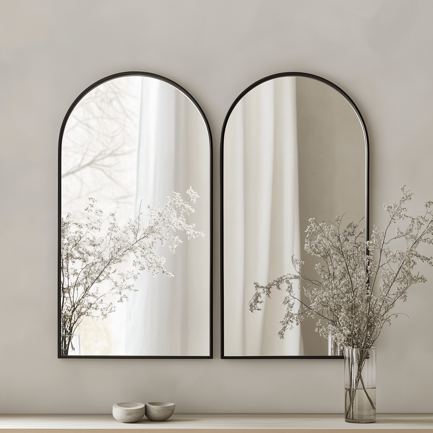 Arch 70 x 55cm Duo - Aluminium Mirrors Set styled in a neutral room with floral decor, enhancing light and space with timeless charm.