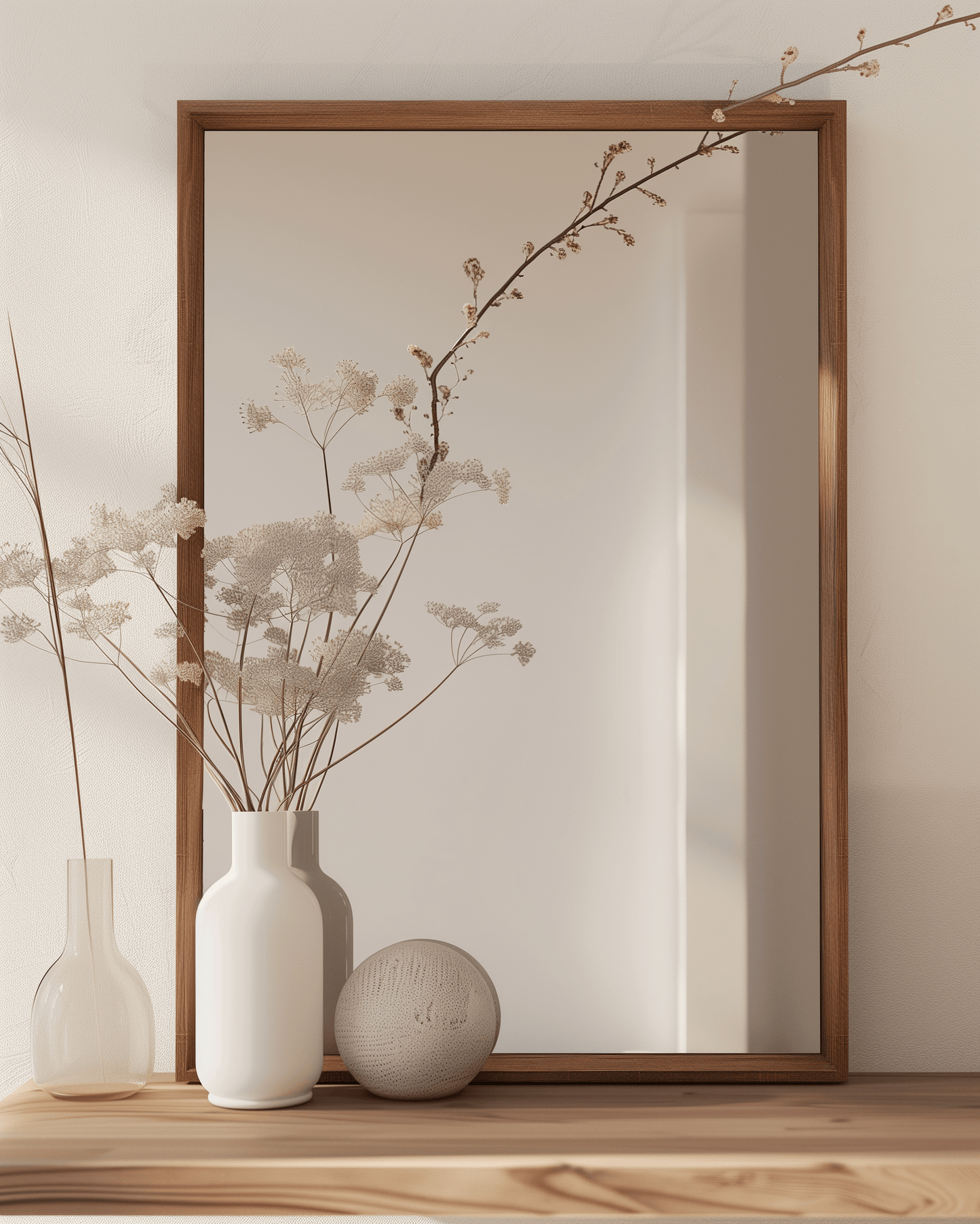 60 x 90 Wooden Kiaat Mirror styled on a wooden surface with ceramic vases and dried flowers, ideal for elegant wall decor.