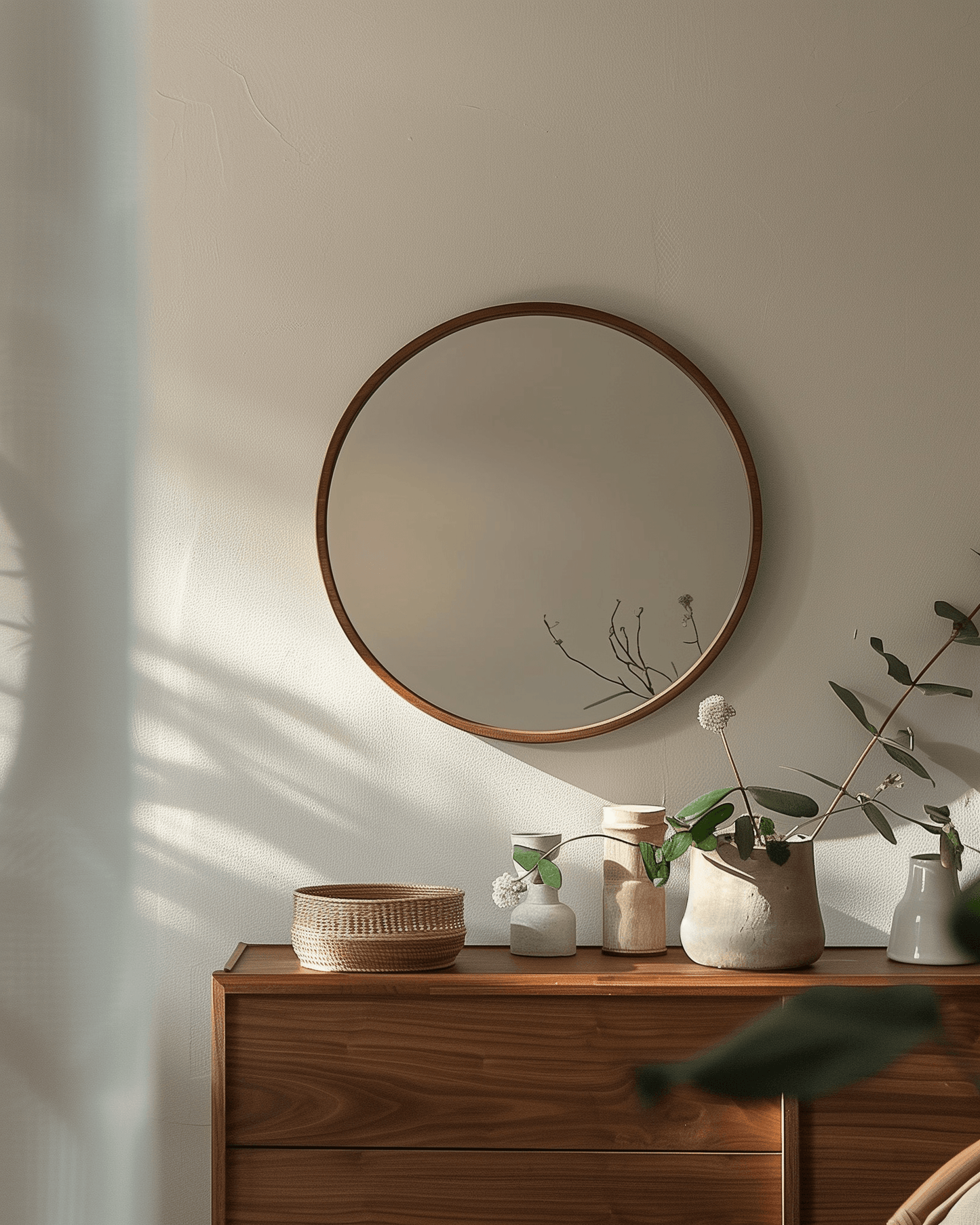 60cm Round Wooden Mirror - Kiaat mounted above a wooden dresser, blending seamlessly with natural decor in a cozy home interior.