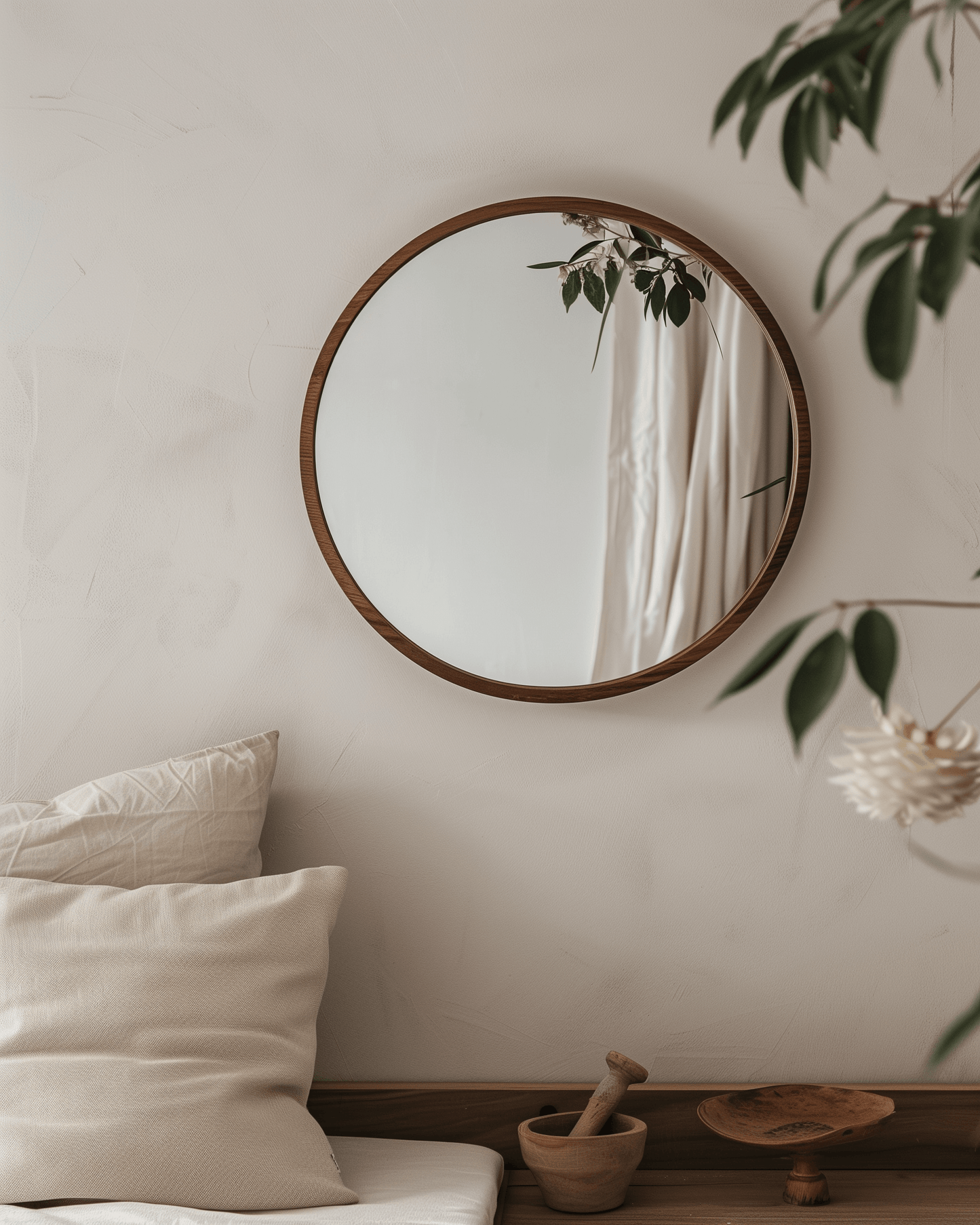 60cm Round Wooden Mirror - Kiaat hanging above a cushioned bench in a serene, plant-filled corner, perfect for natural home decor.