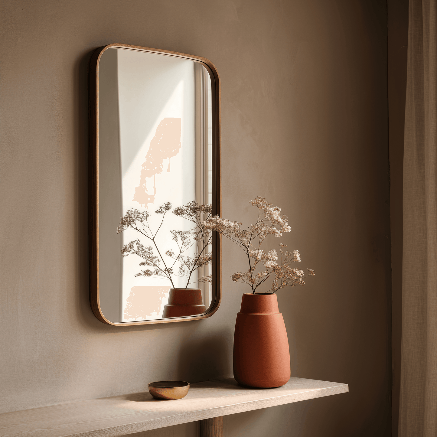 60 x 90 cm African Walnut wall mirror mounted above a console table with vases, adding warmth and balance to a neutral-toned room.