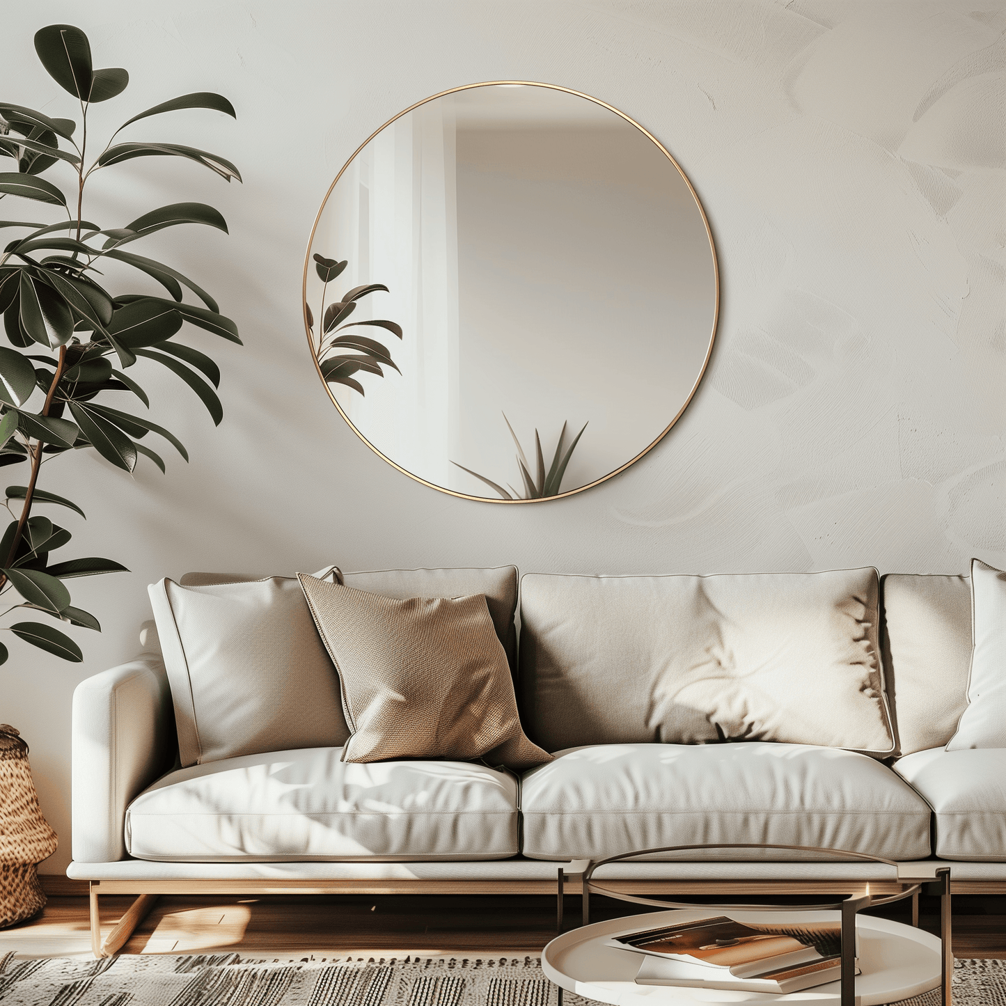 120cm Round Duo Mirror with gold aluminium frame mounted above a beige sofa, enhancing modern living room decor.