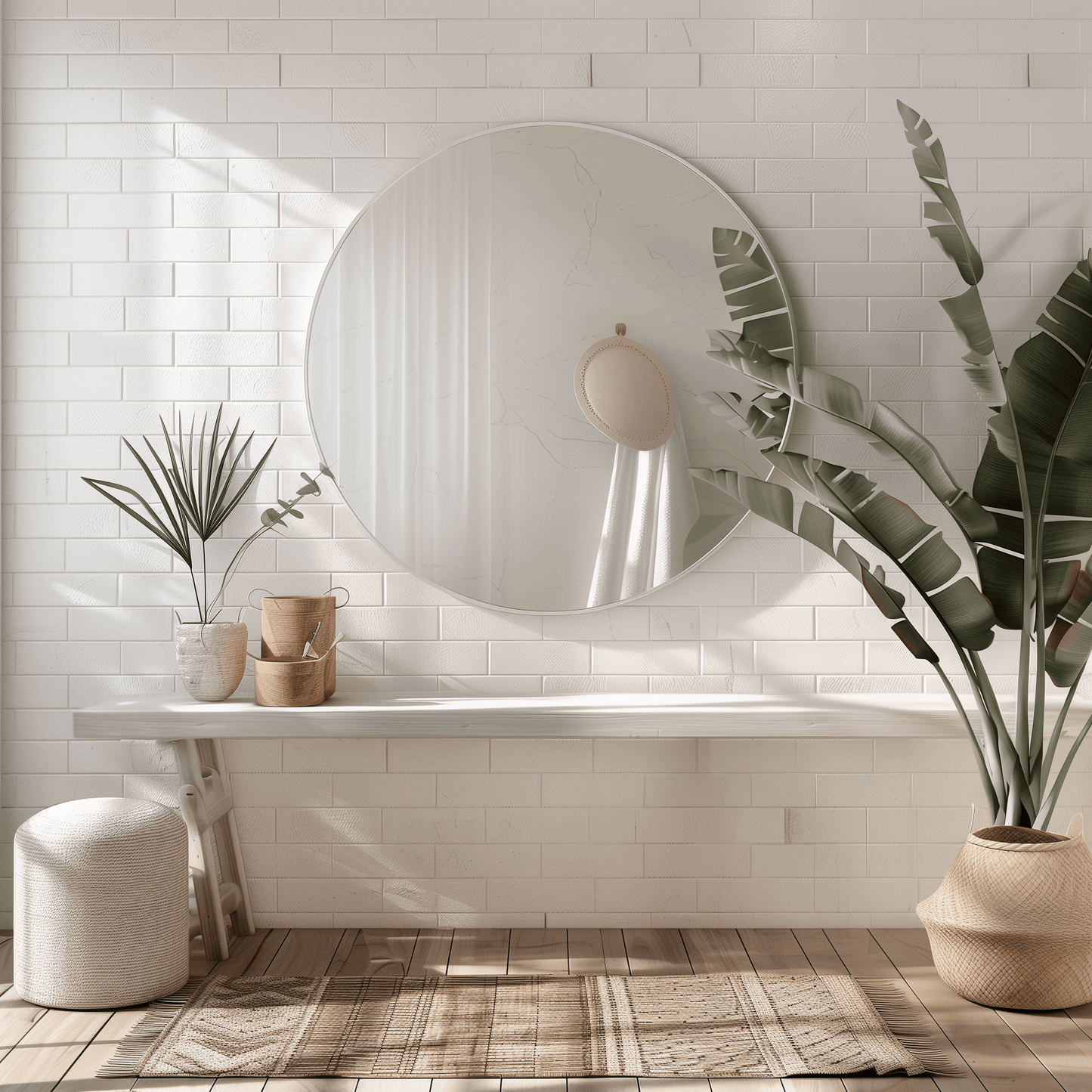 120cm Round Duo Mirror with white aluminium frame in a bright entryway, styled with natural decor and indoor plants.