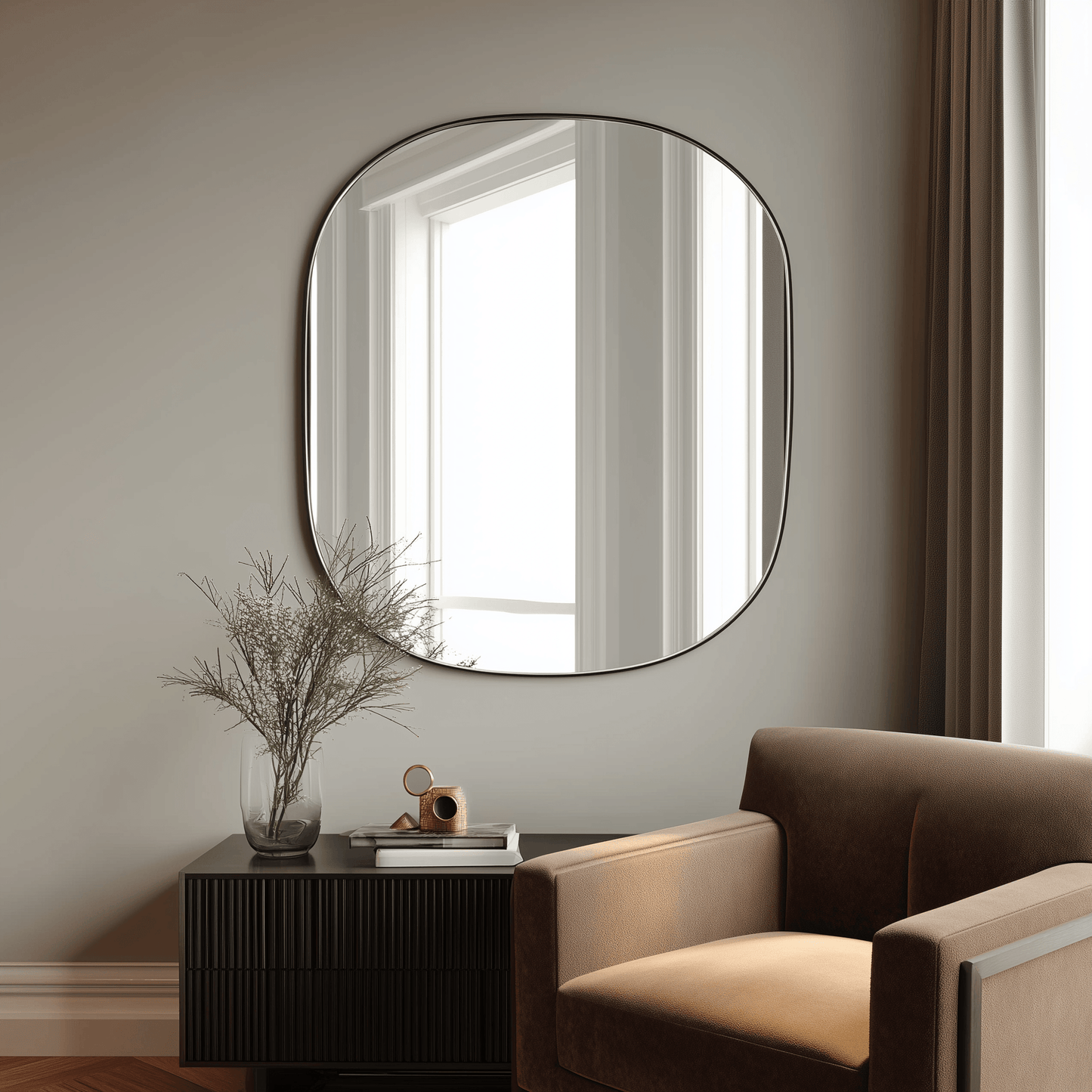 80 x 90 cm Aluminium Wall Mirror with rounded corners mounted above a black console in a modern living room. Sleek brushed aluminium frame adds elegance.