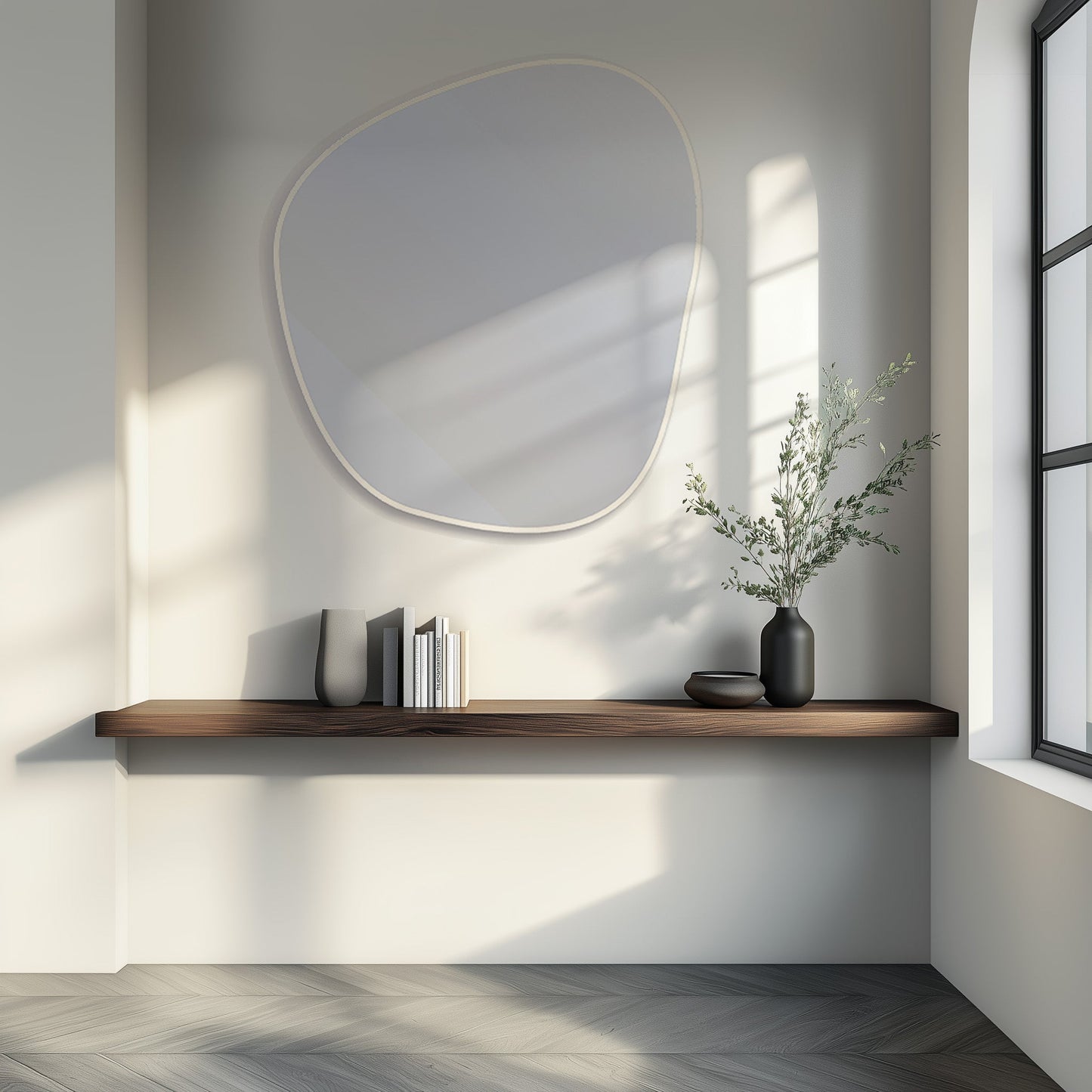 White Organic 100x88 Duo mirror mounted above a wooden shelf in a bright room, enhancing space with eco elegance.