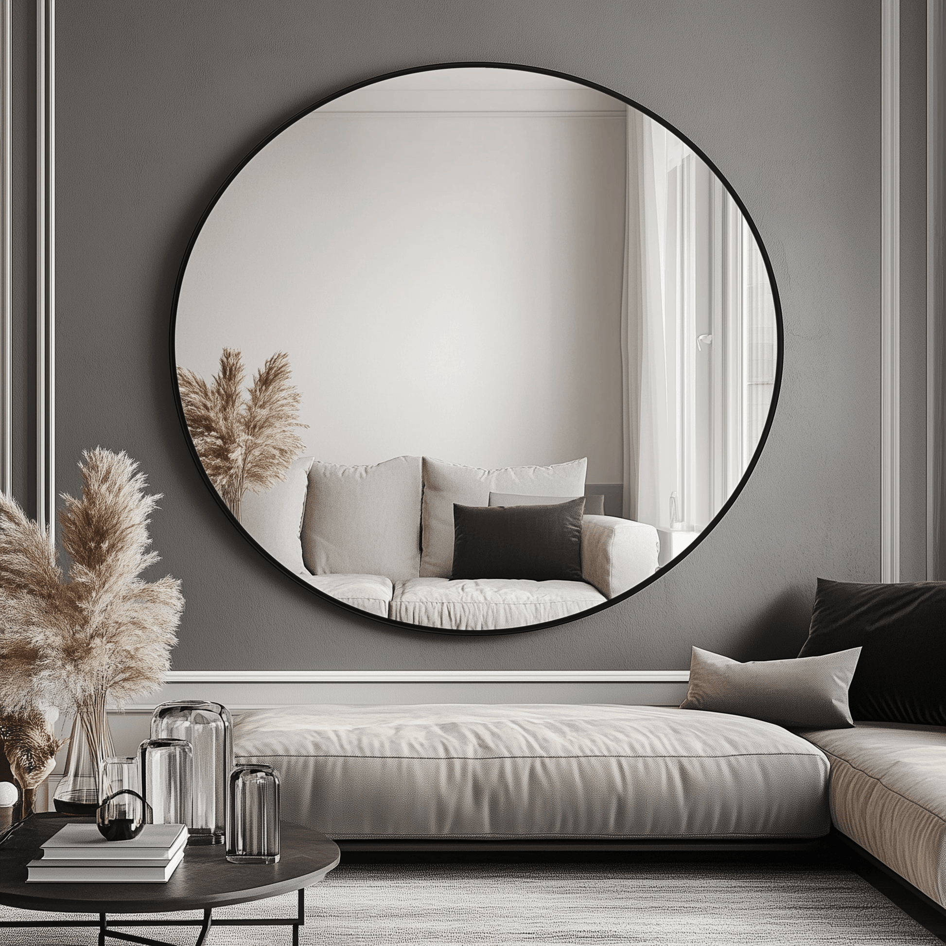 140cm Round Aluminium Mirror - Large Wall Mirror reflecting a modern neutral-toned living room with pampas grass decor and minimalist furniture.