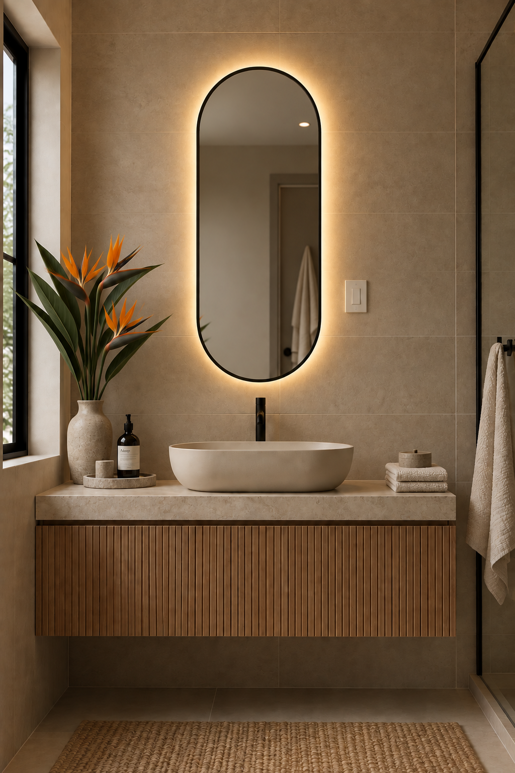 100 x 55 cm Pill Shaped Aluminium Mirror-LED
