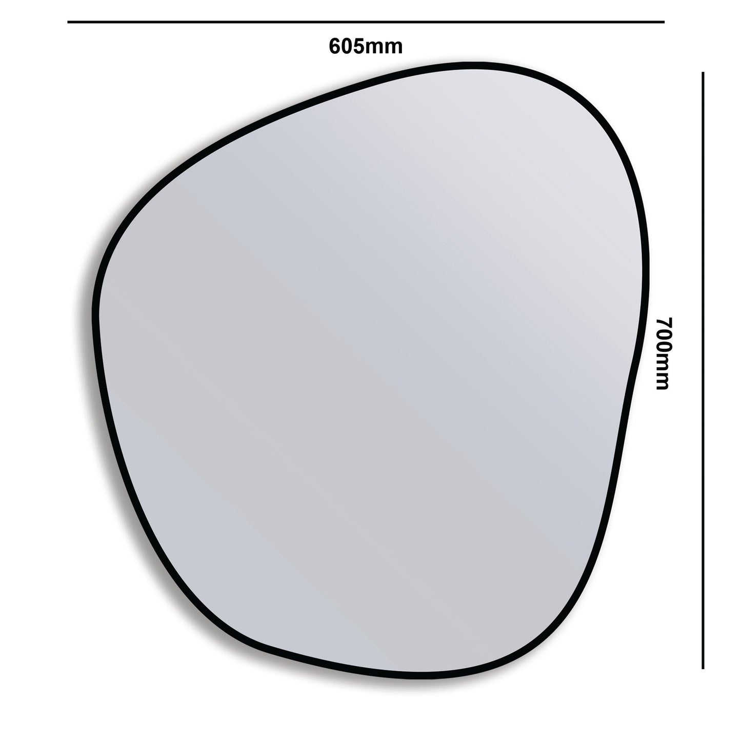 Organic 70x60cm Duo aluminium mirror with irregular shape and black frame, measuring 700mm by 605mm. Modern, eco-friendly, and locally made.