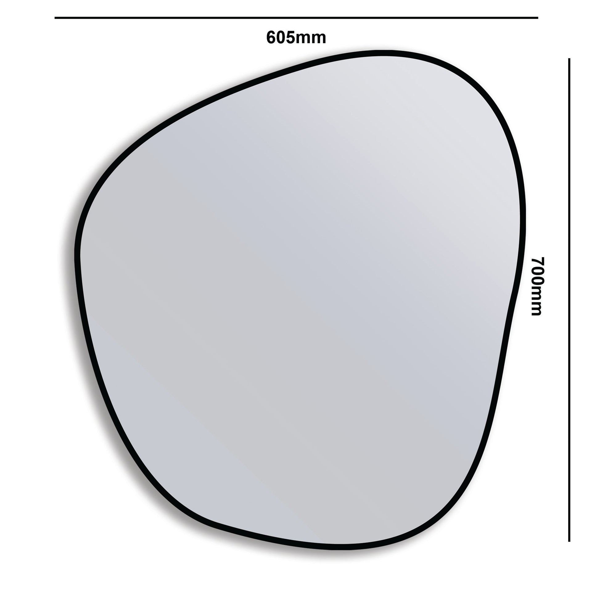 Organic 70x60cm Duo aluminium mirror with irregular shape and black frame, measuring 700mm by 605mm. Modern, eco-friendly, and locally made.
