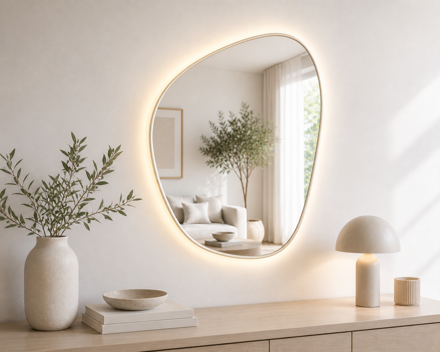 100 x 88cm Organic Shaped Aluminium Mirror-LED