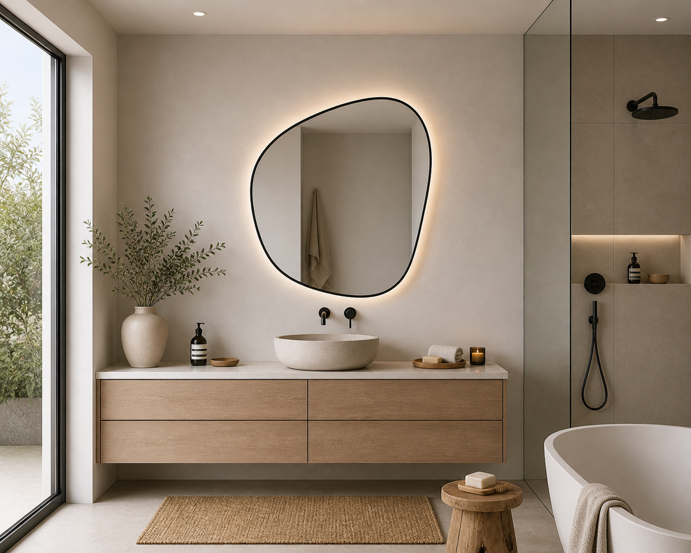 100 x 88cm Organic Shaped Aluminium Mirror-LED