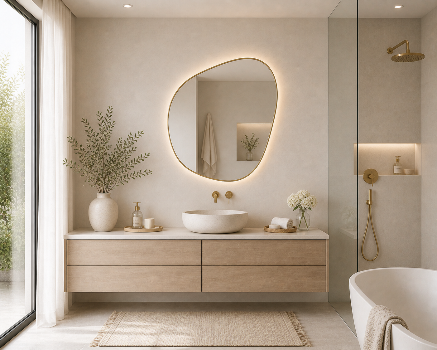 100 x 88cm Organic Shaped Aluminium Mirror-LED