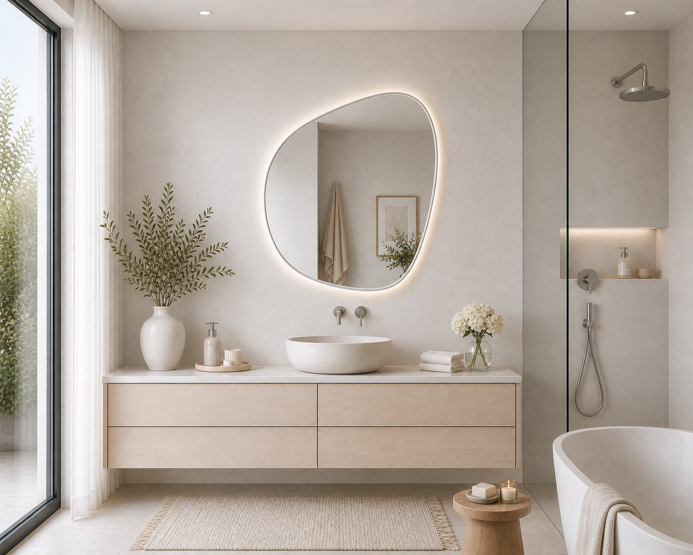 100 x 88cm Organic Shaped Aluminium Mirror-LED