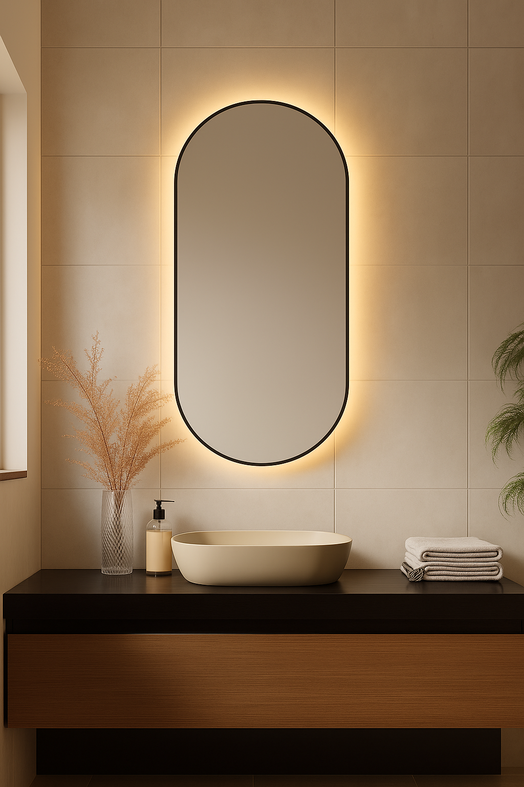 100 x 55 cm Pill Shaped Aluminium Mirror-LED