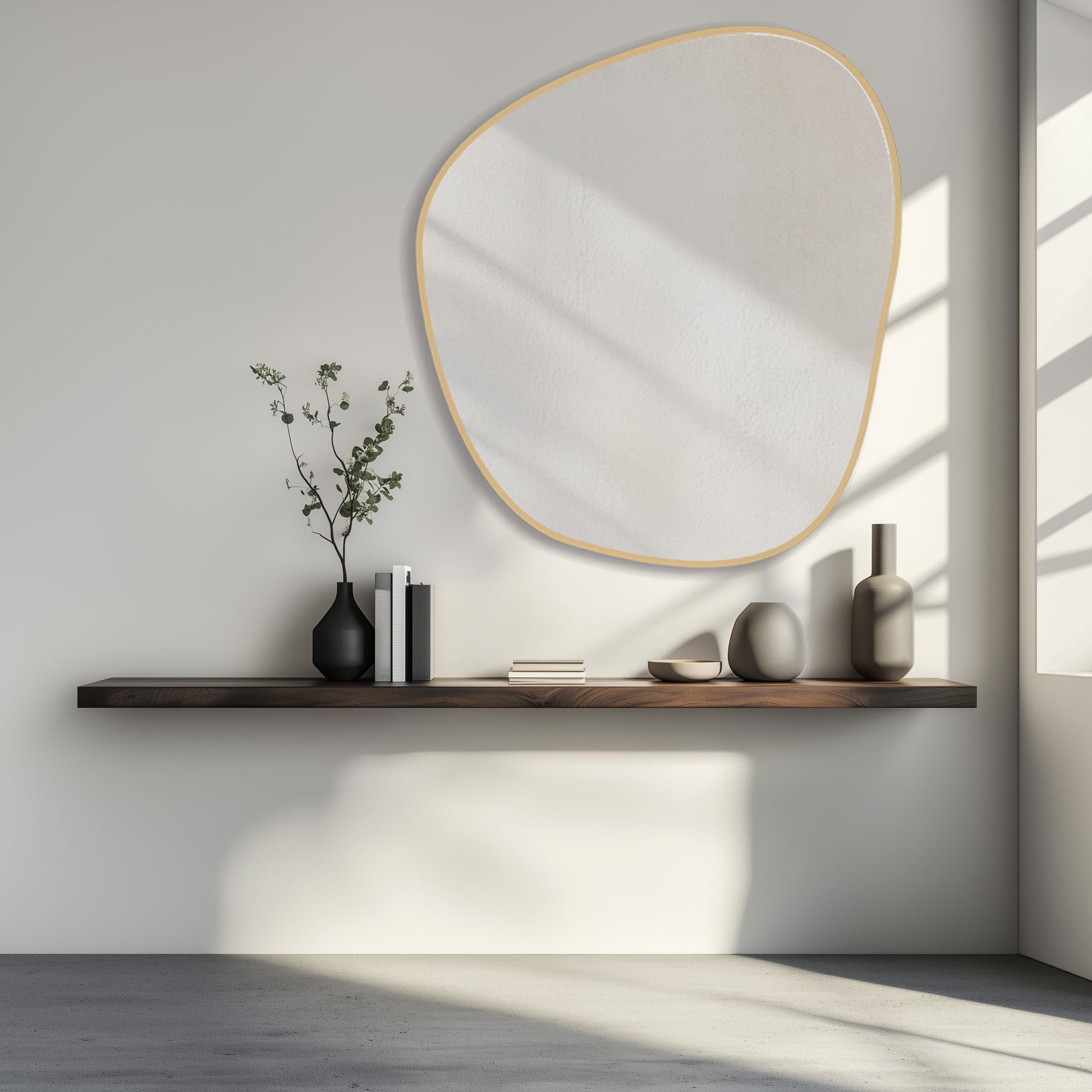 Gold Organic 100x88 Duo mirror displayed in a minimalist room, adding warmth and eco-conscious style to the decor.