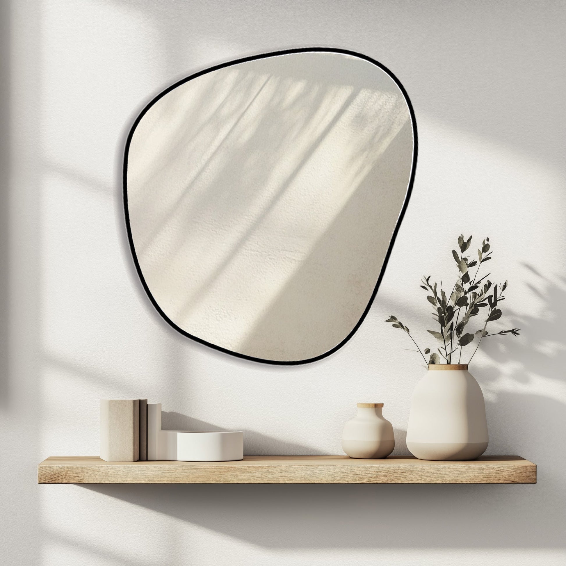 Organic 70x60cm Duo aluminium mirror with black frame mounted on a white wall above a wooden shelf with minimalist decor. Locally made and eco-friendly.