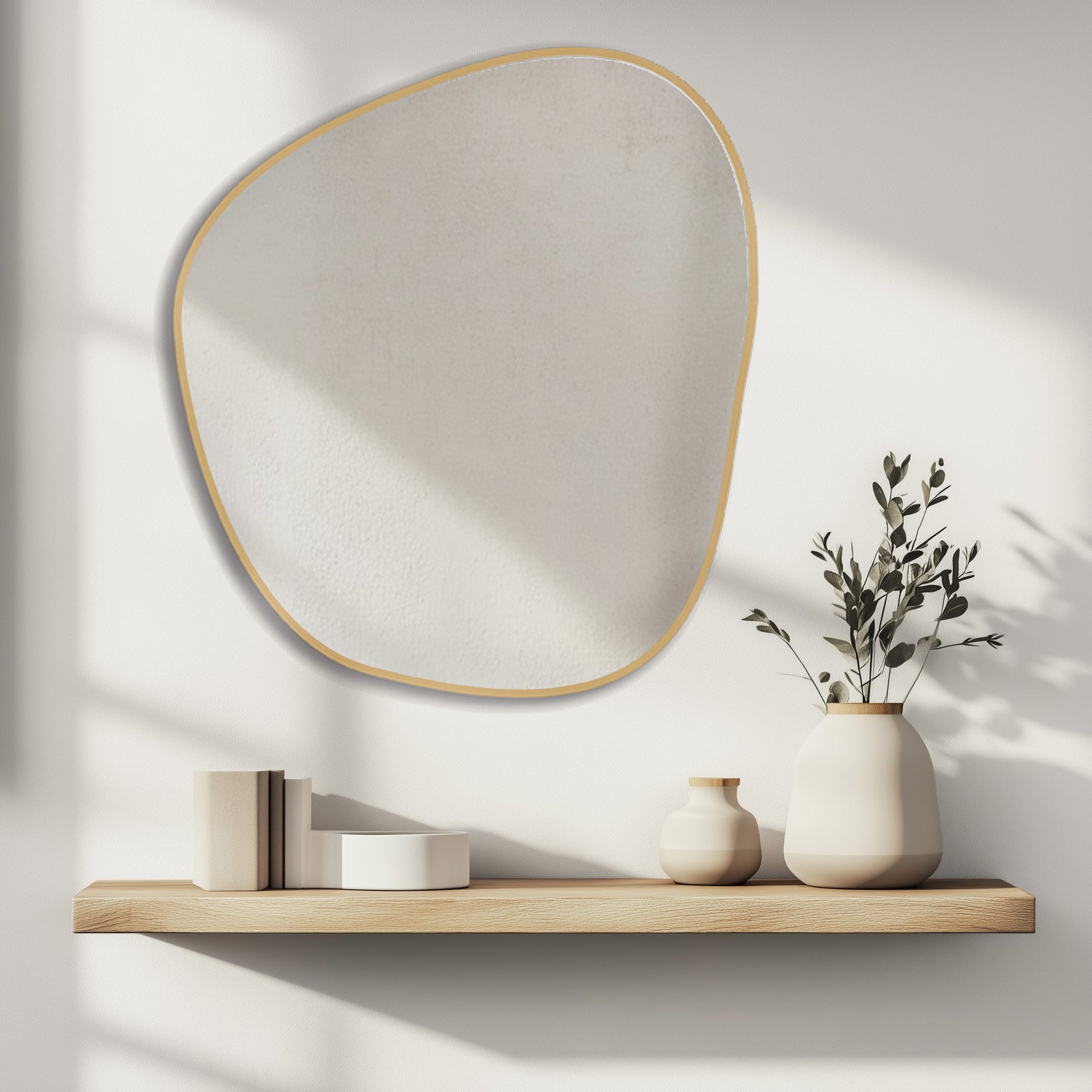Organic 70x60cm Duo aluminium mirror with irregular shape, mounted on a white wall above a minimalist wooden shelf with neutral decor.